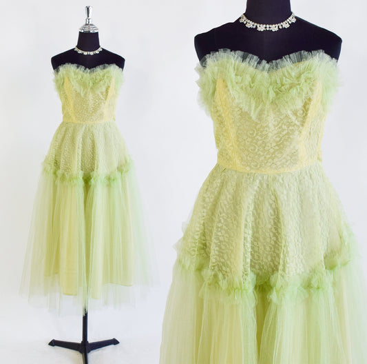 1940s Citron Green Lace  & Tulle Strapless Evening Dress | 40s Chartreuse Cupcake Dress | Green Lace Prom Dress | Small
