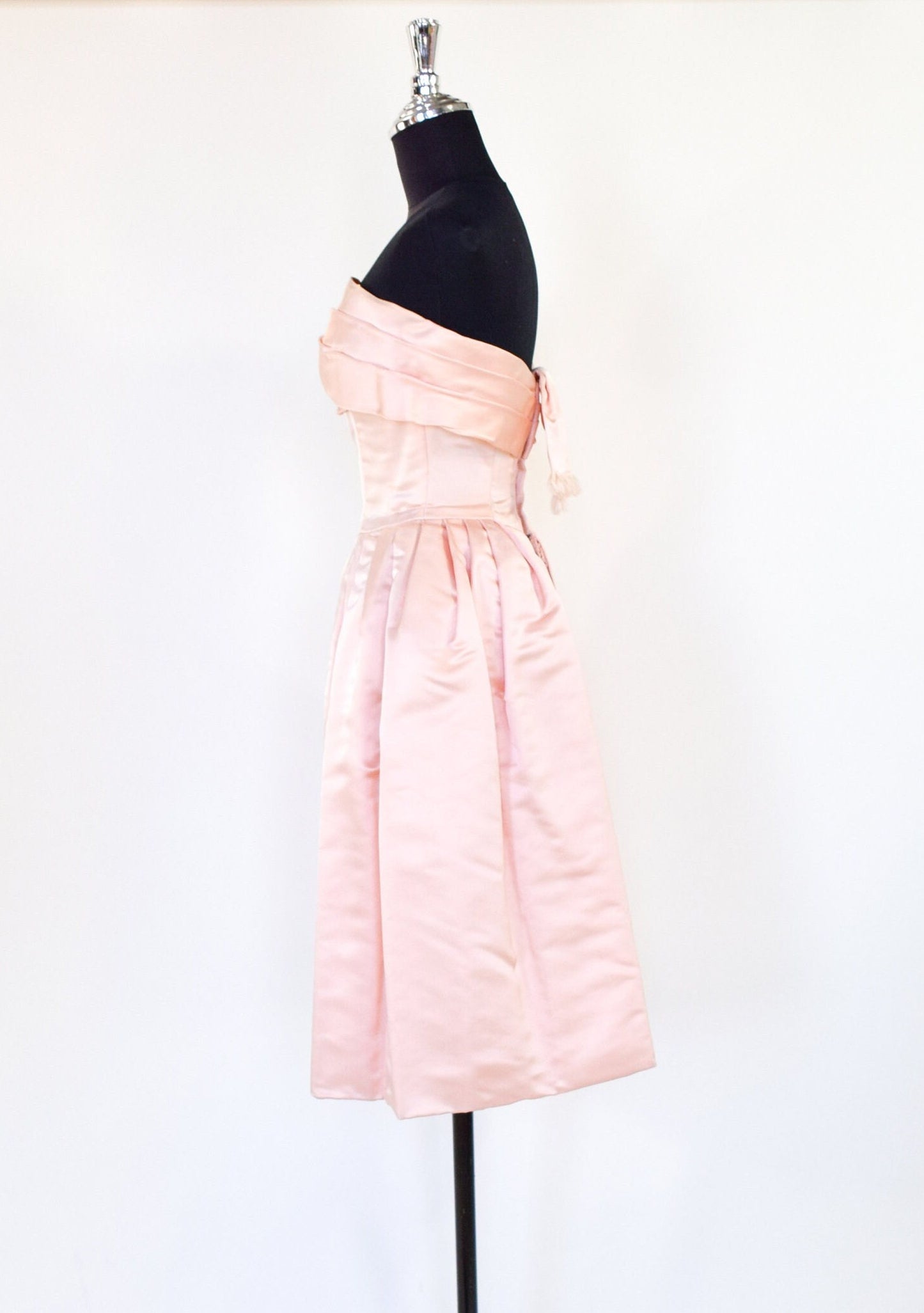 1950s Pink Satin Strapless Prom Party Dress, Extra Small