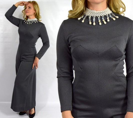 1970s Gray Knit Palazzo Jumpsuit, Medium