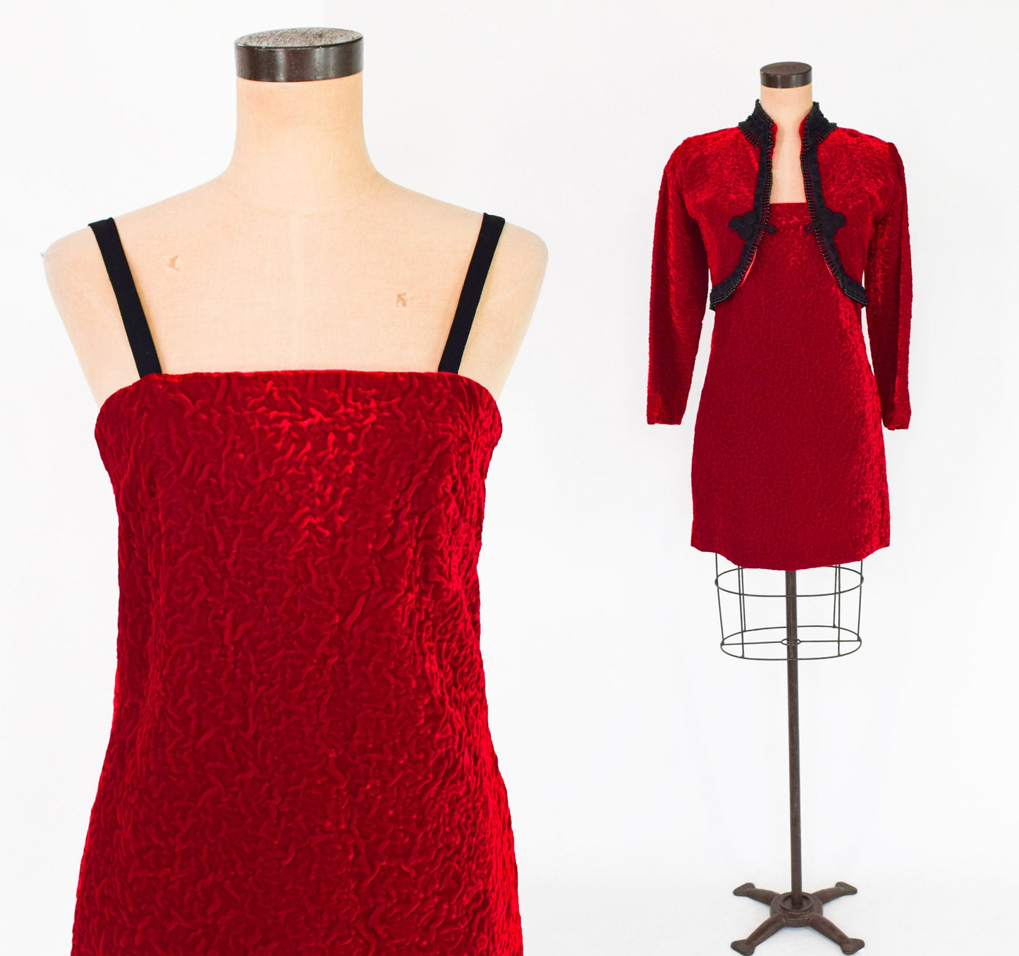 1960s Red Velvet Dress & Jacket | 60s Red Cotton Velvet Mini Dress Jacket | Small