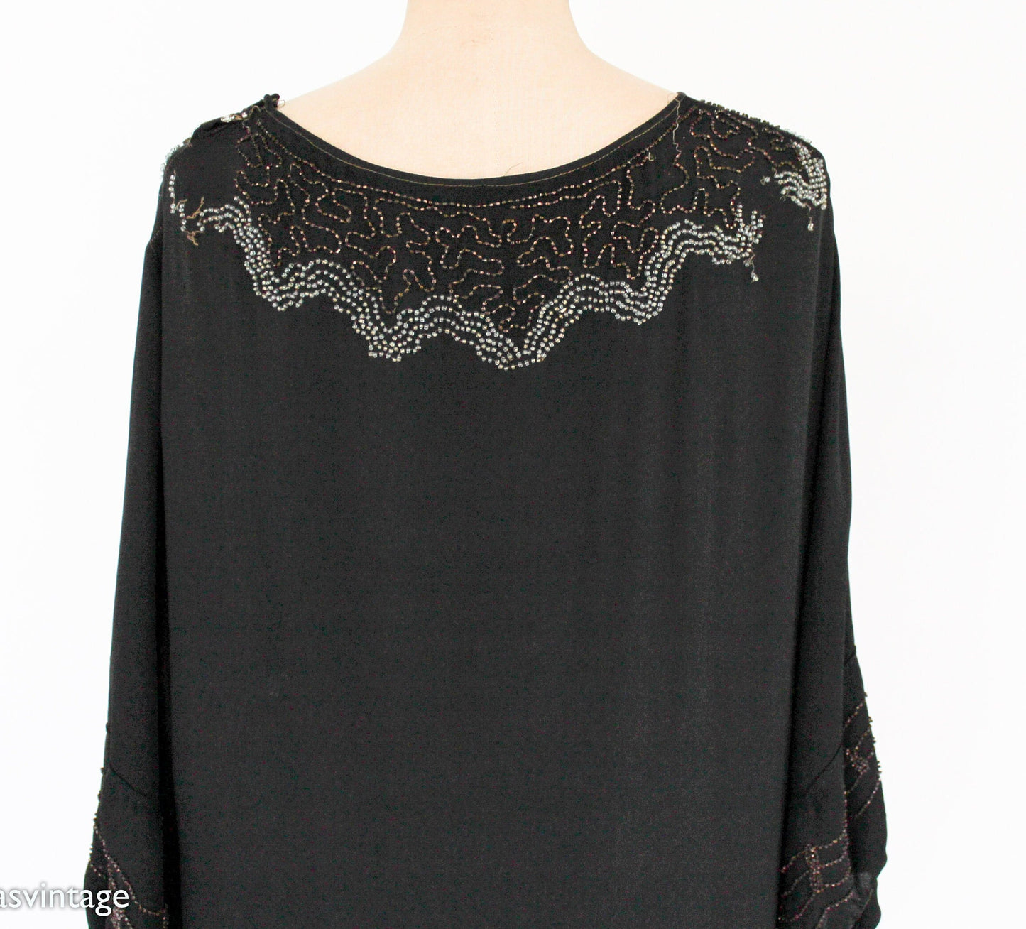 1920s Plus Size Beaded Black Silk Dress, Extra Large