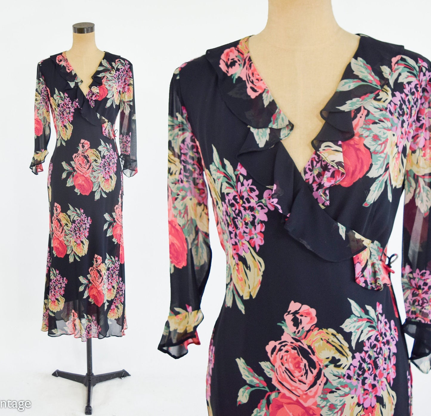 2000s Black Floral Wrap Dress, Ralph Lauren Size 8