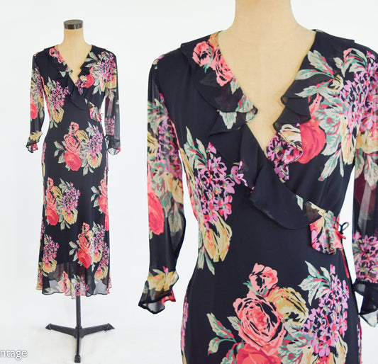 2000s Black Floral Wrap Dress, Ralph Lauren Size 8