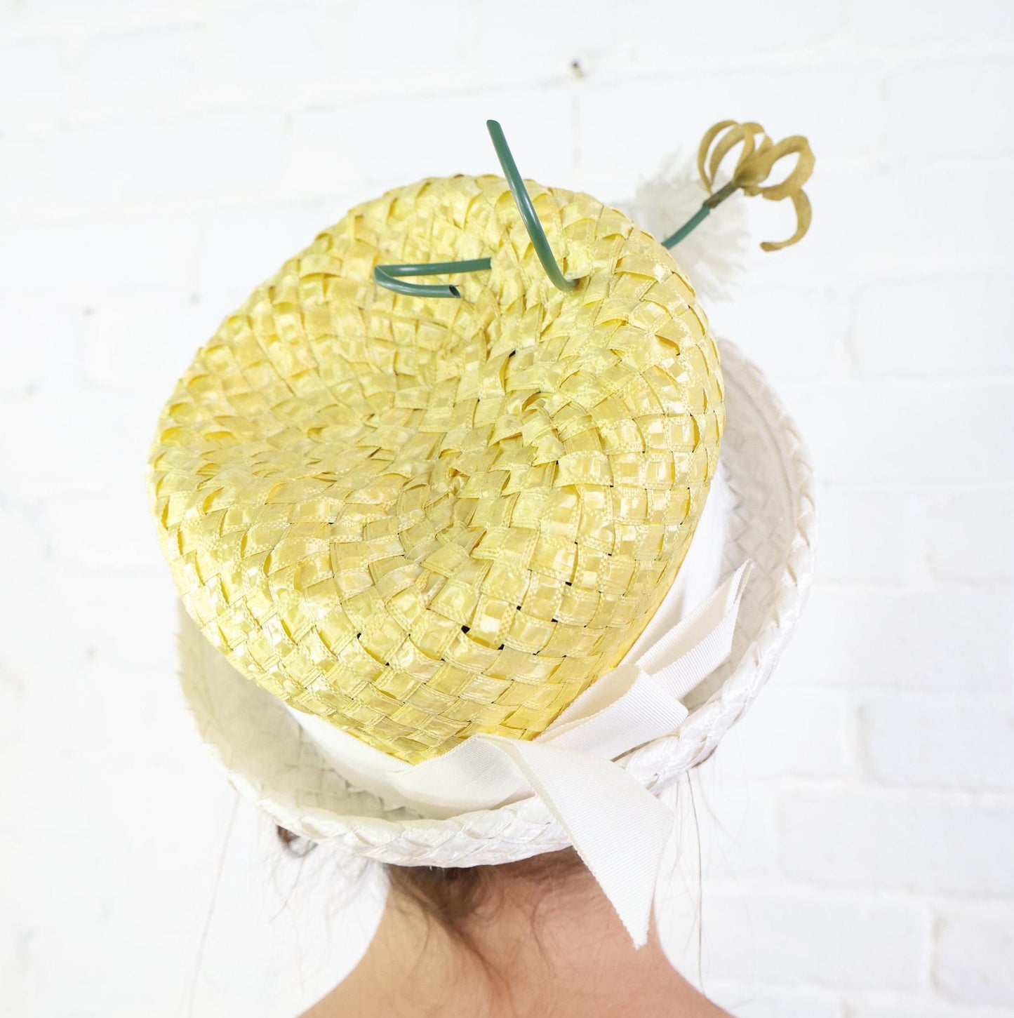 1960s Yellow & White Woven Raffia Straw Hat