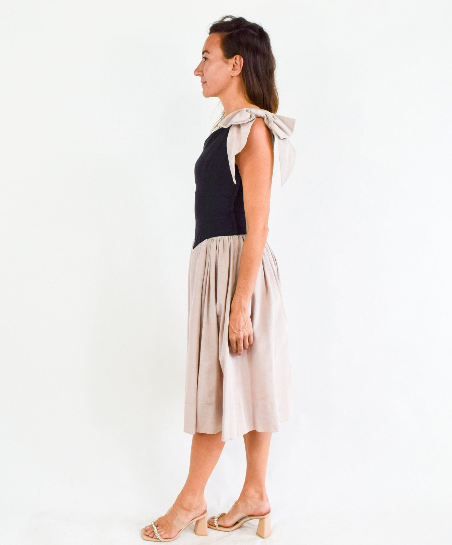 1940s One Shoulder Party Dress, Black & Pink Faille, Extra Small