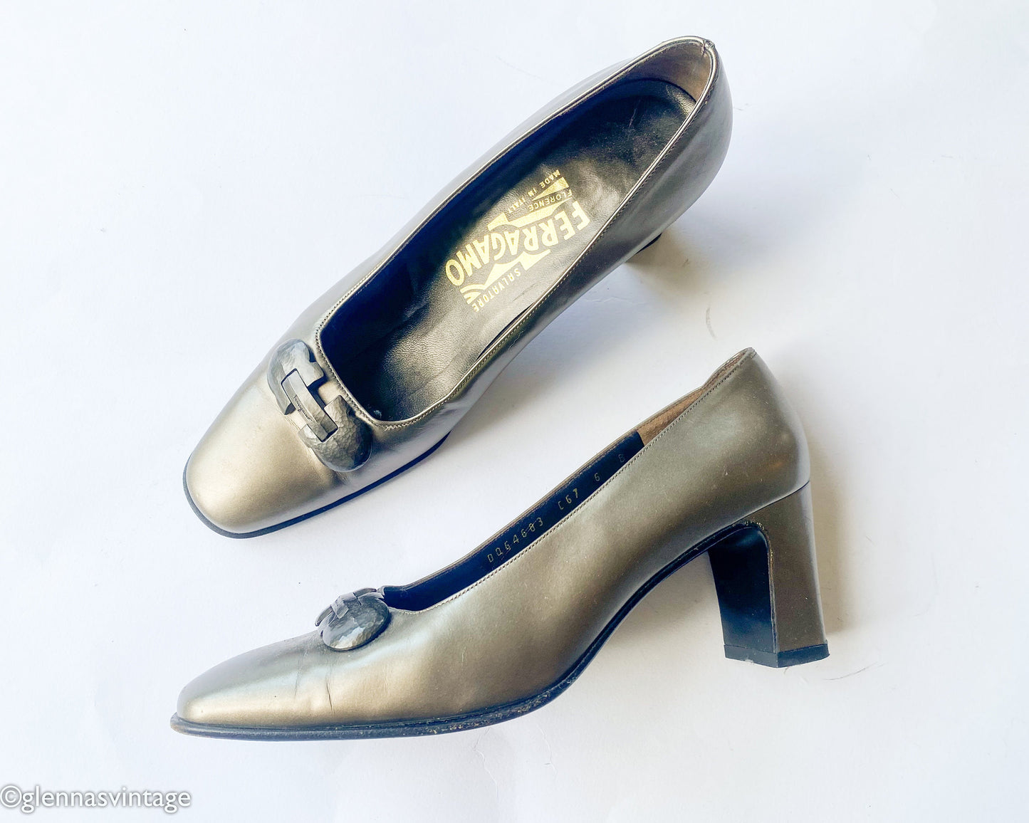 Vintage Ferragamo Pewter Leather Pumps | 1990s Metallic Heels | US 6