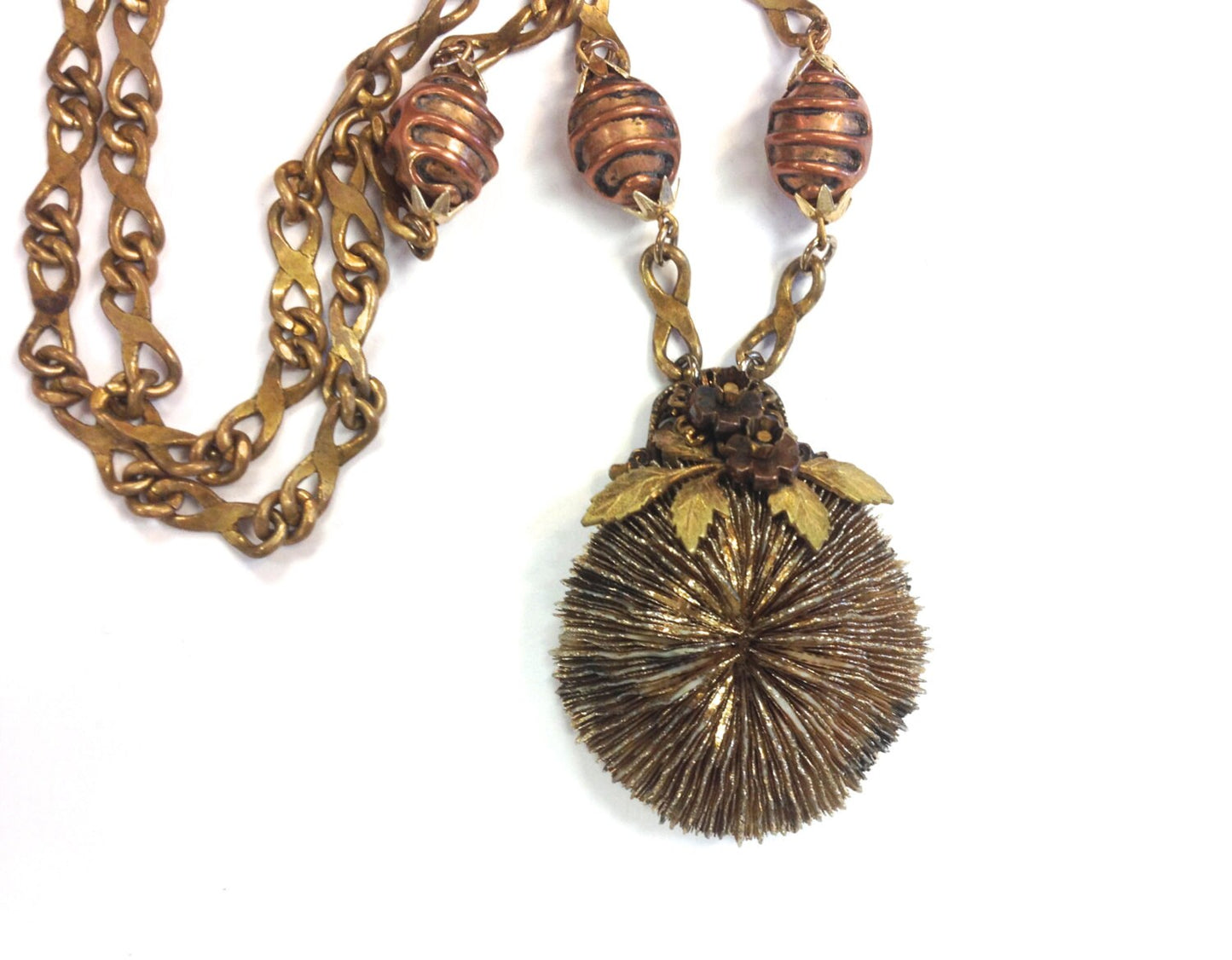 1970s  Copper & Brass Pendant Necklace | 70s Brass Anemone Necklace | Brutalist | Hippie