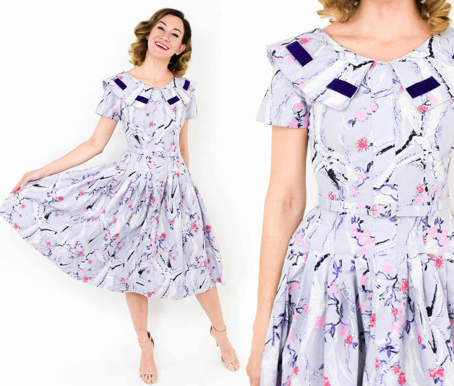 1950s Lavender Purple Novelty Print Cotton Dress, Small