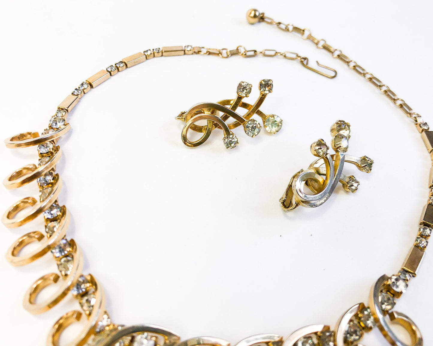 Vintage Gold Tone Rhinestone Necklace and Earrings Set, 1950s Jewelry