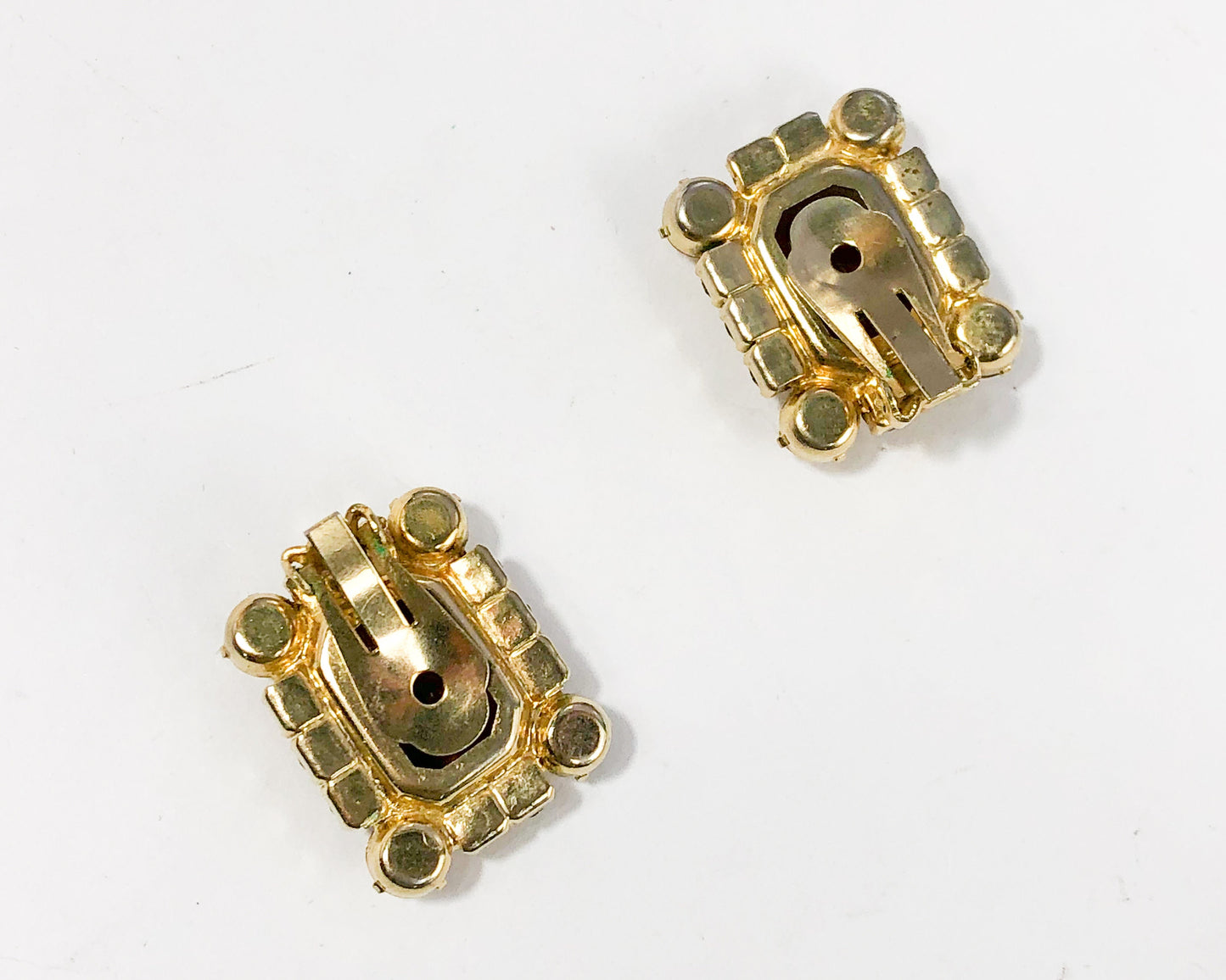1960s Brown & Gold Rhinestone Earrings | 60s Rectangle Brown Rhinestone Earrings
