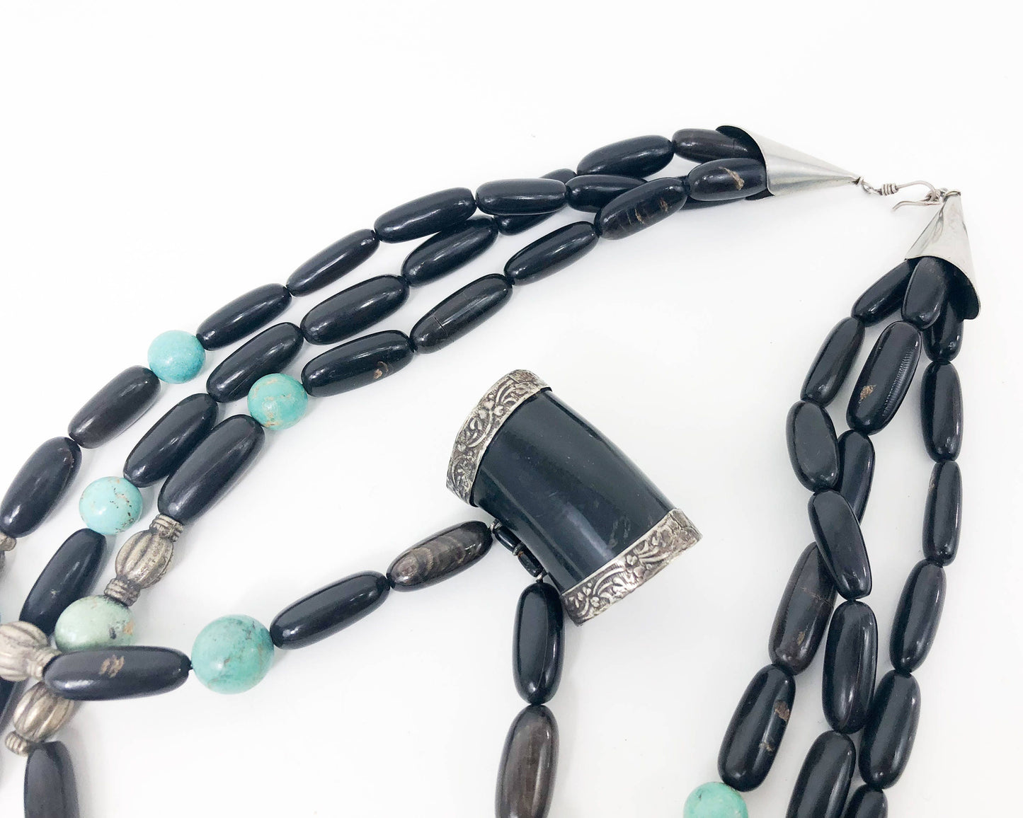 1970s Vintage Black Hippie Beaded Necklace | Black & Turquoise Necklace