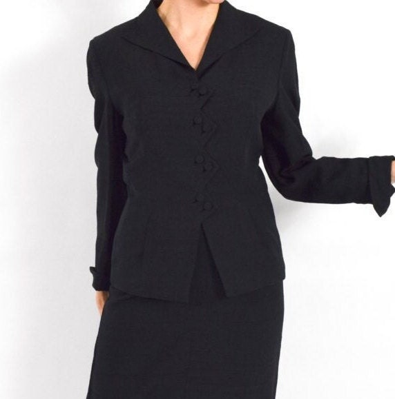 1950s Black Rayon Suit | 50s Black Jacket & Pencil Skirt | Chai Bo Originals | Small