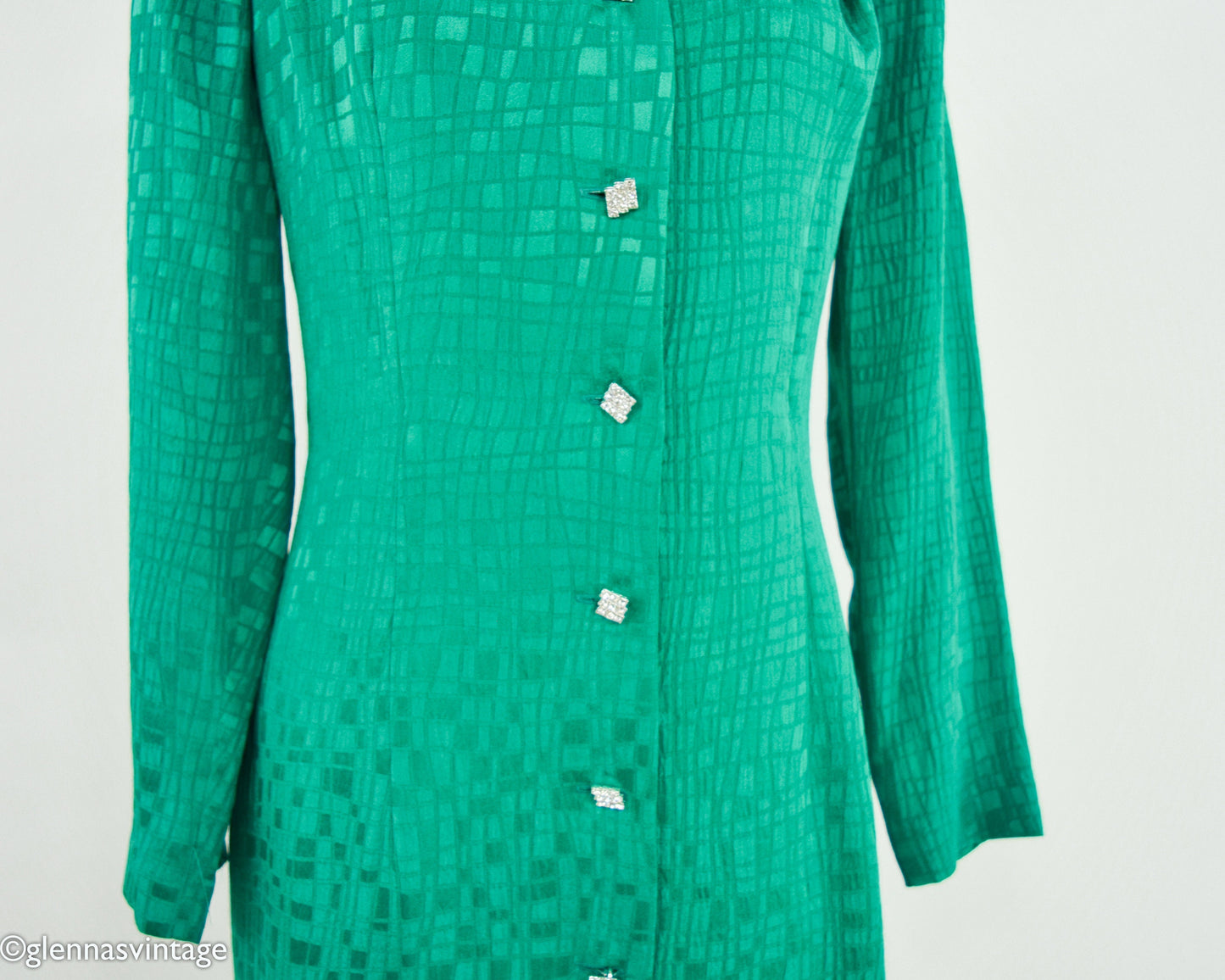 1980s Emerald Green Silk Dress | Vintage Rhinestone Button Front