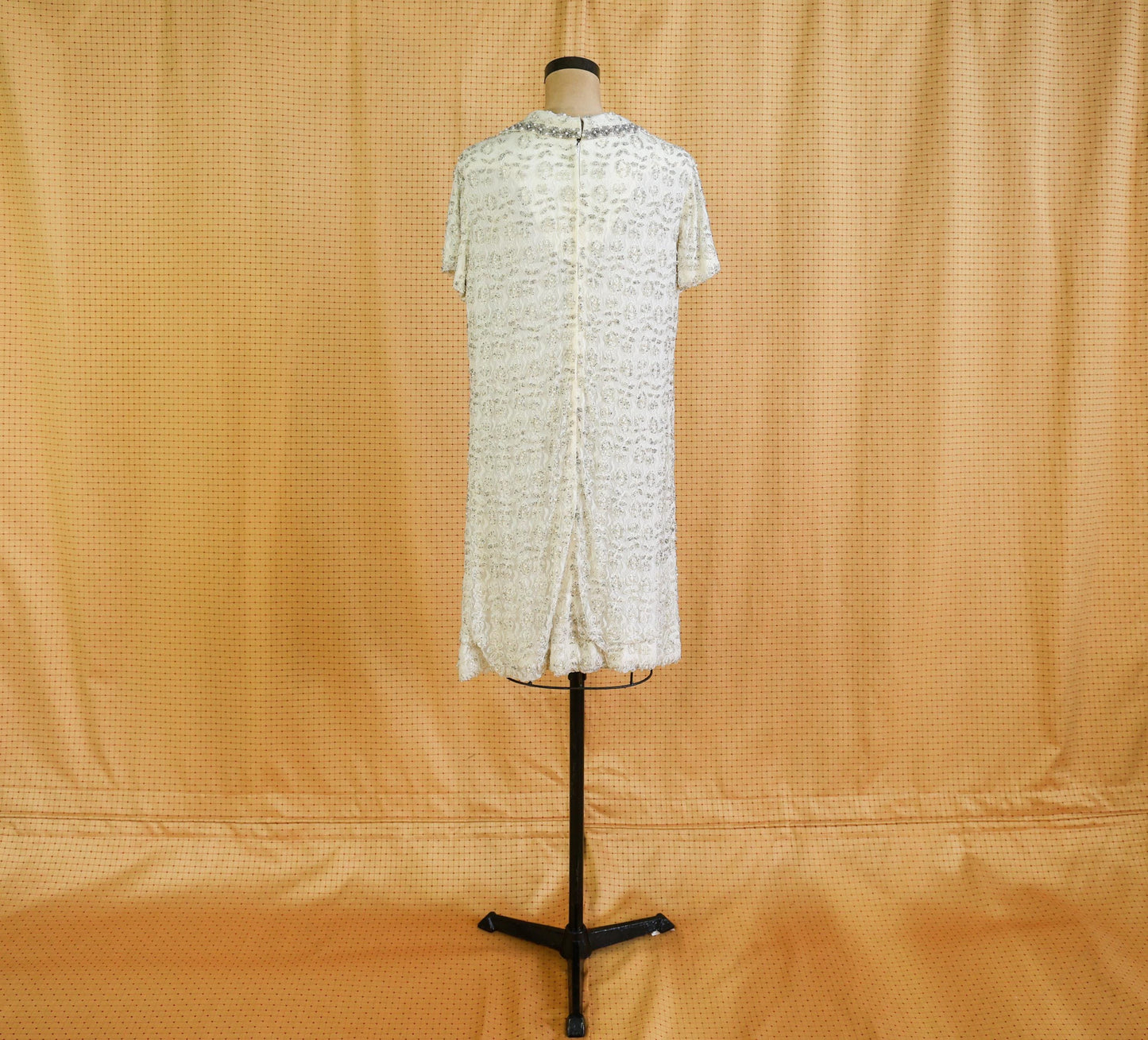 1960s White Silver Beaded Shift Dress, Short Wedding Dress, Extra Large