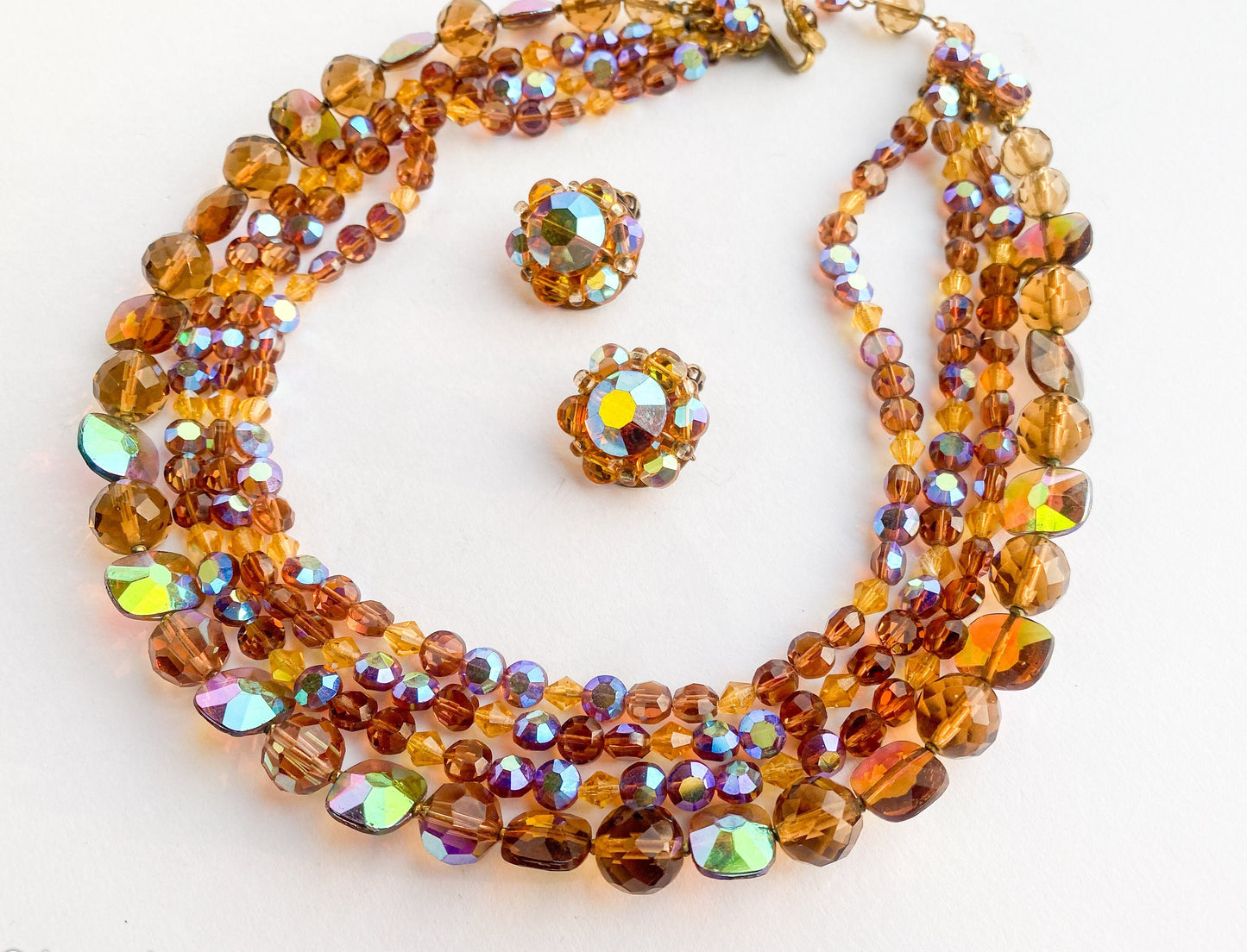 1950s Gold Crystal Necklace Set & Clip Earrings Set, De Mario Jewelry Set