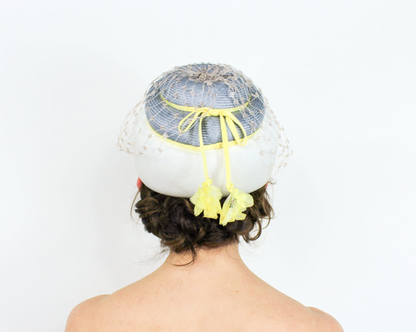 1960s White Yellow & Gray Pillbox Hat, Coralie Hat
