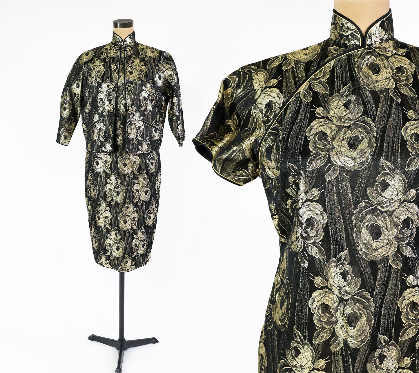 1950s Black Gold Metallic Brocade Cheongsam Dress and Matching Jacket, Large