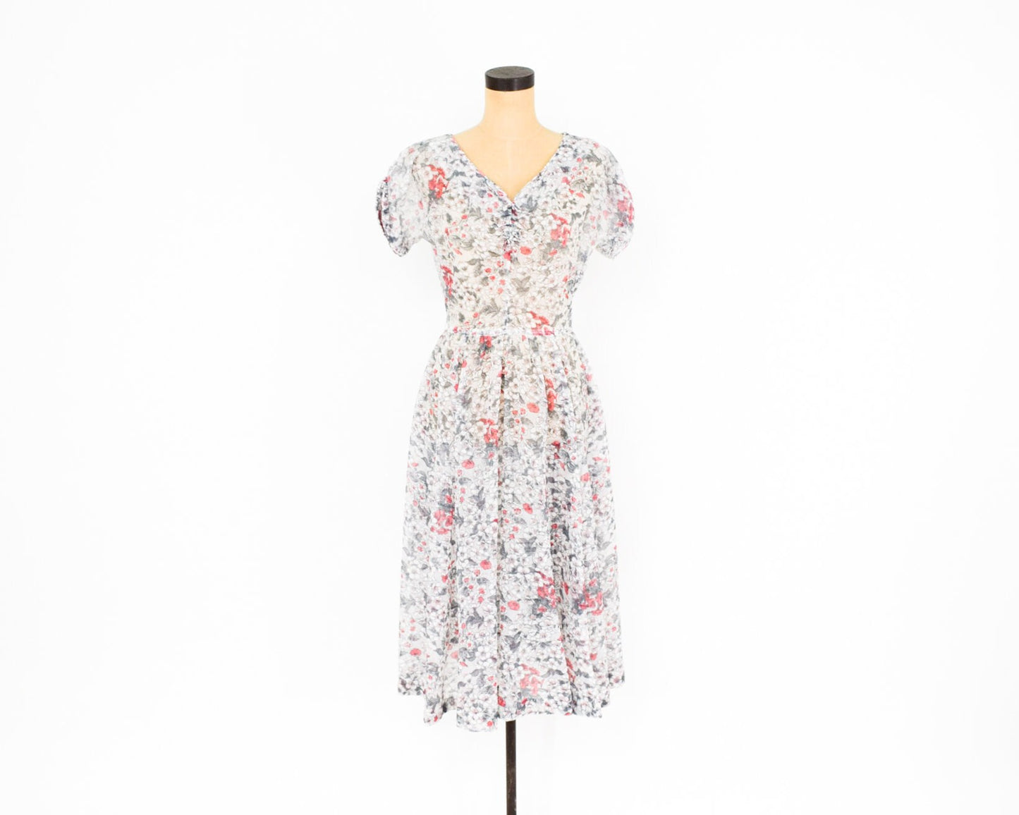 1950s White Pink Gray Floral Nylon Dress, Medium