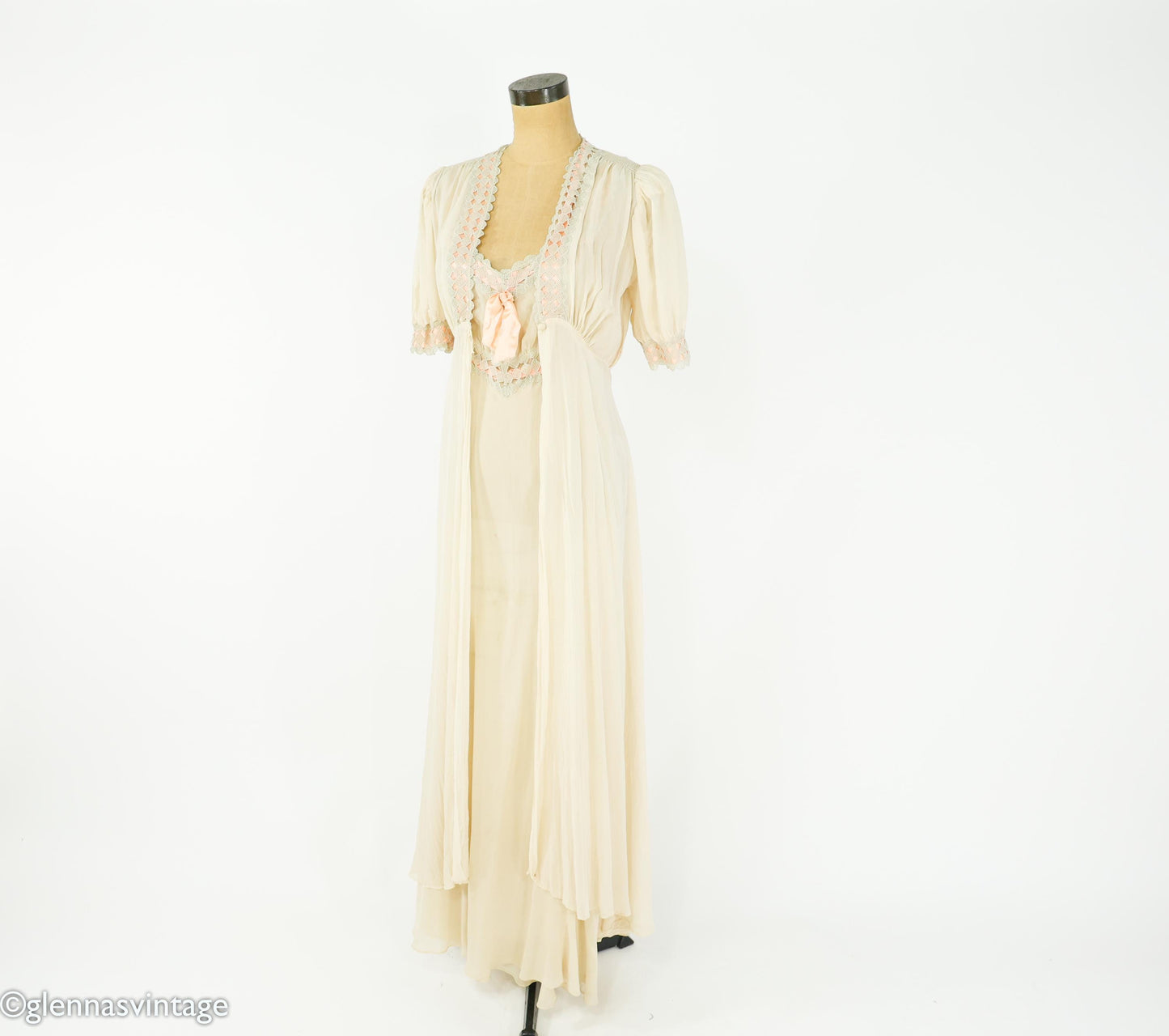 1930s Ivory Silk Chiffon Peignoir Set, Vintage Lace Nightgown, Small