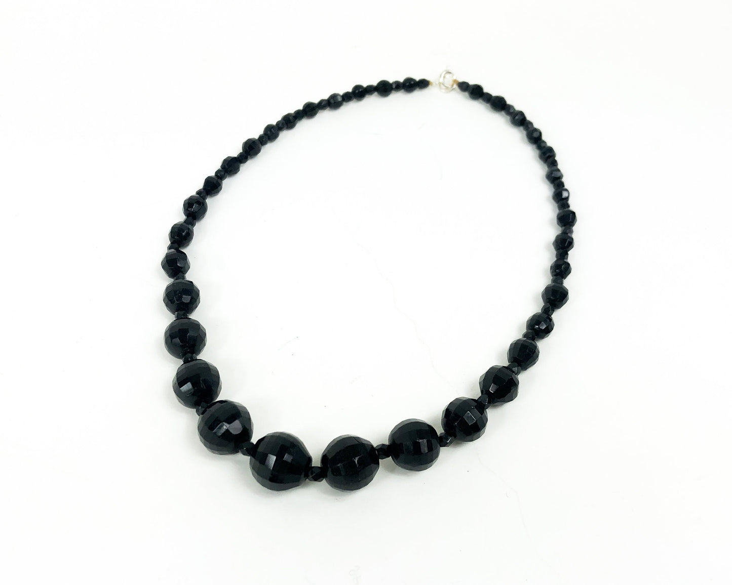 1950s Black Glass Bead Necklace | 50s Black Faceted Glass Choker