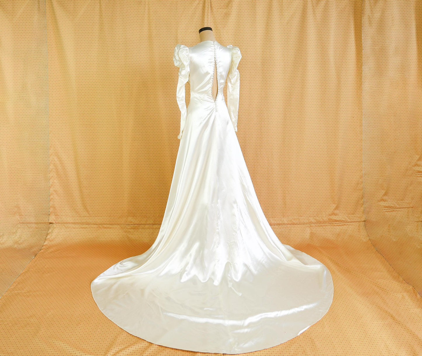 1930s Ivory Satin Long Wedding Dress with Heart Sleeves, Extra Small