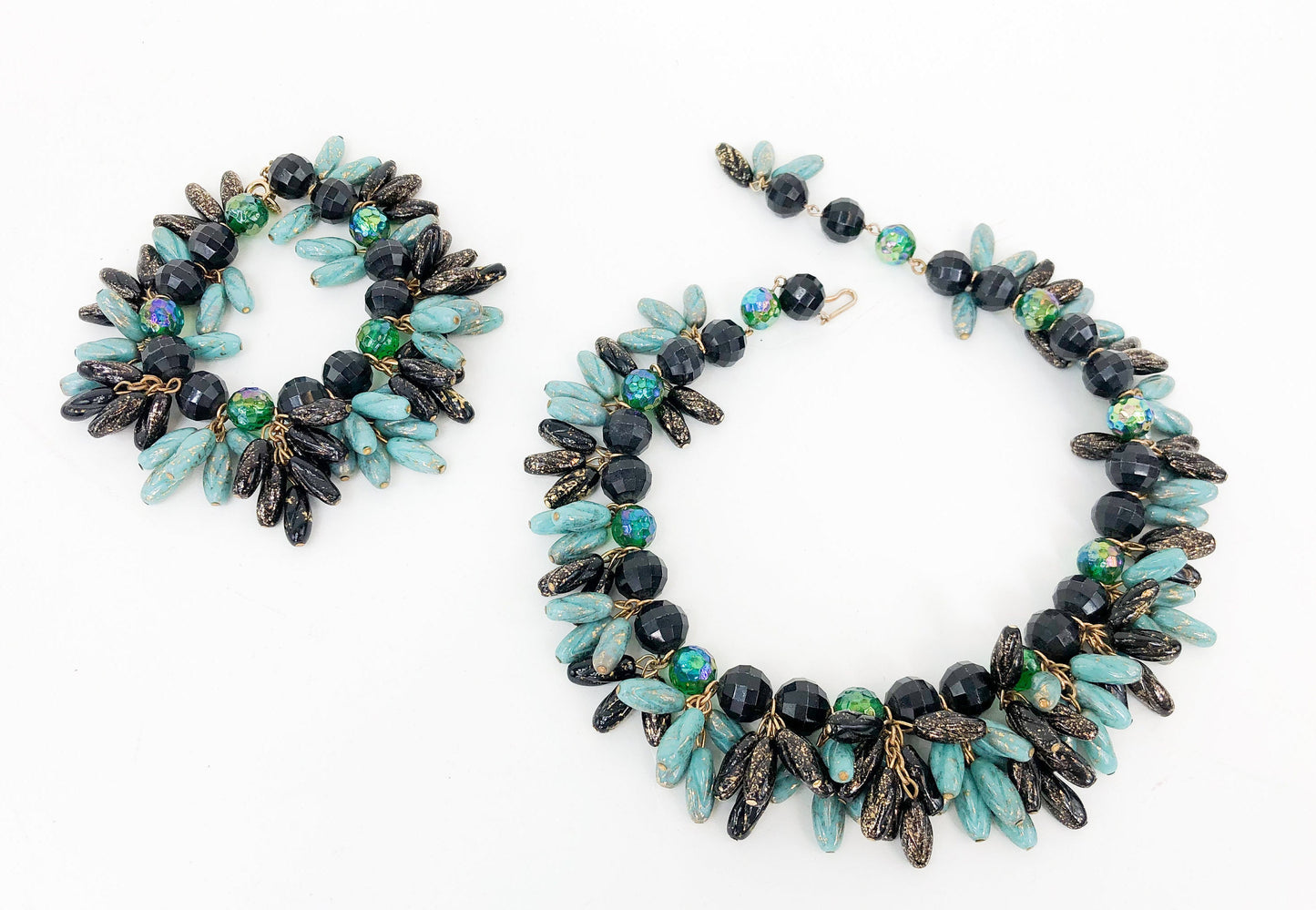 1960s Blue & Black Glass Necklace Set | 60s Turquoise Glass Fringe Bead Choker Set