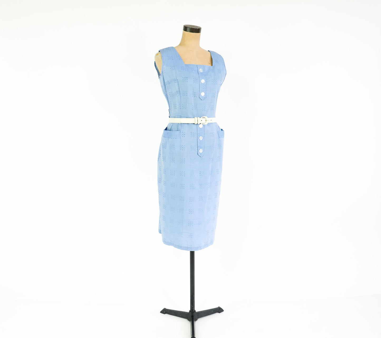 1950s Blue Print Cotton Day Dress, Large