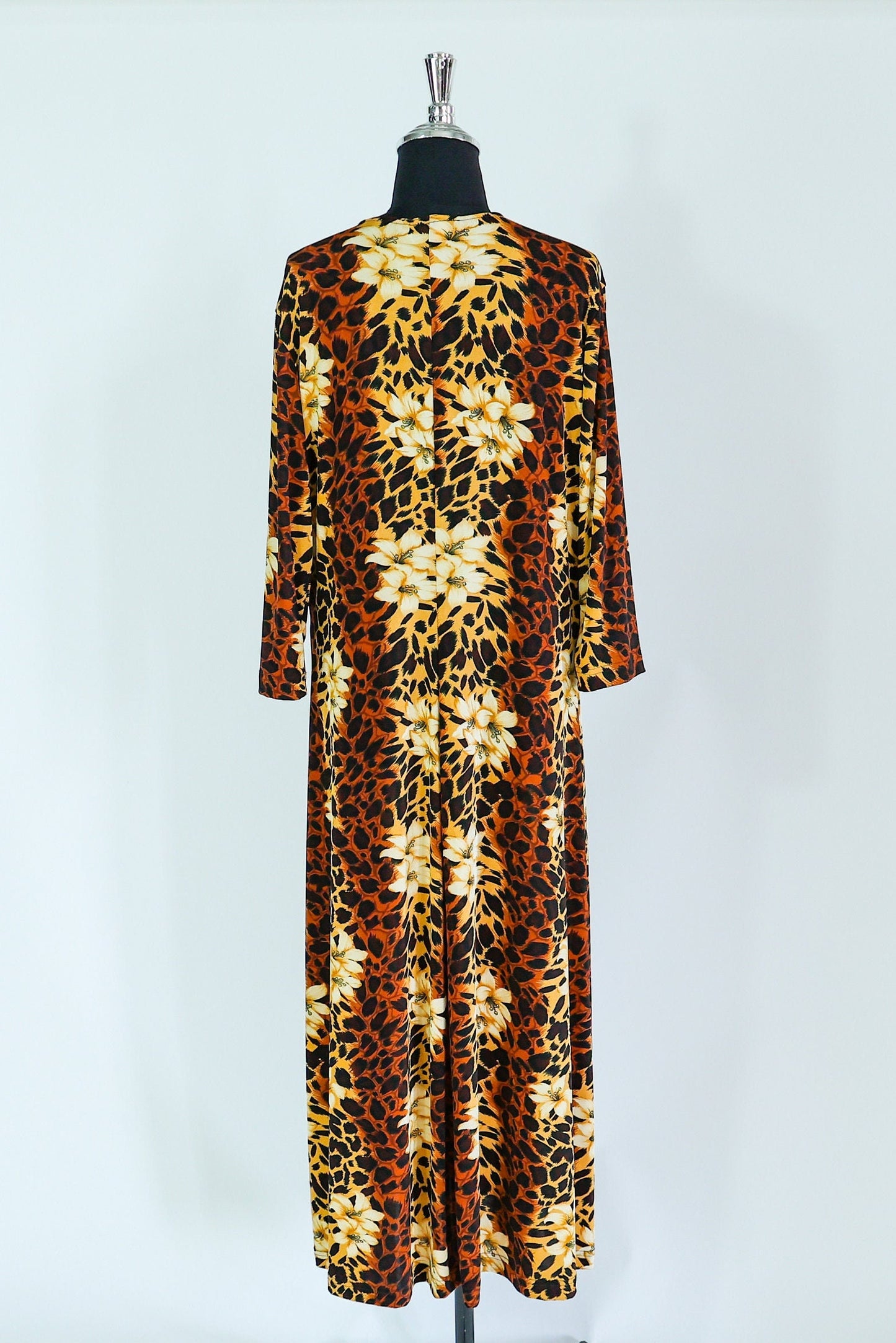 1980s Leopard Animal Print Caftan | 80s Brown Leopard Print & Flowers Maxi Dress | Carolyn Strauss | XLarge