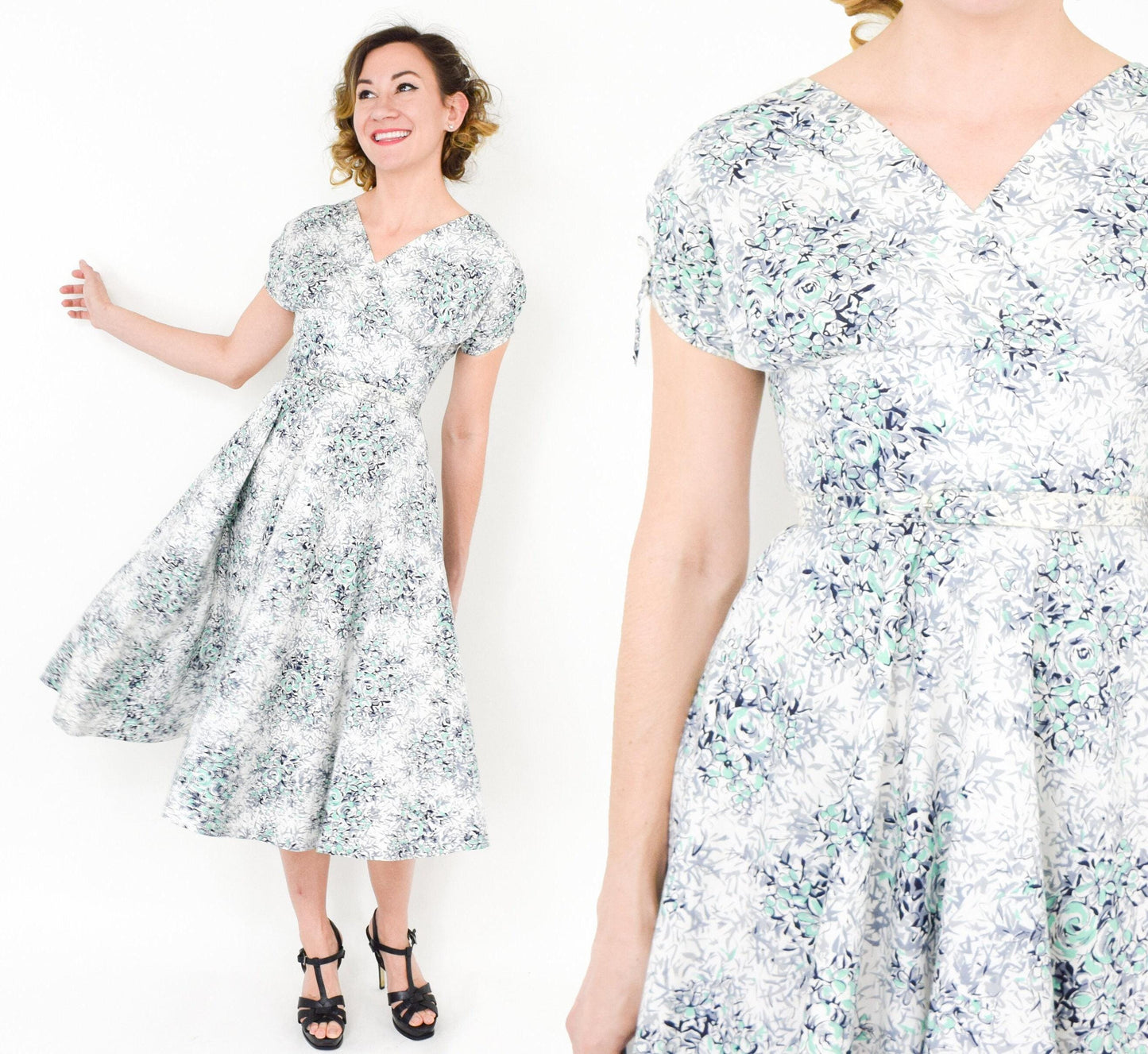 1950s Grey & White Floral Cotton Dress, Extra Small
