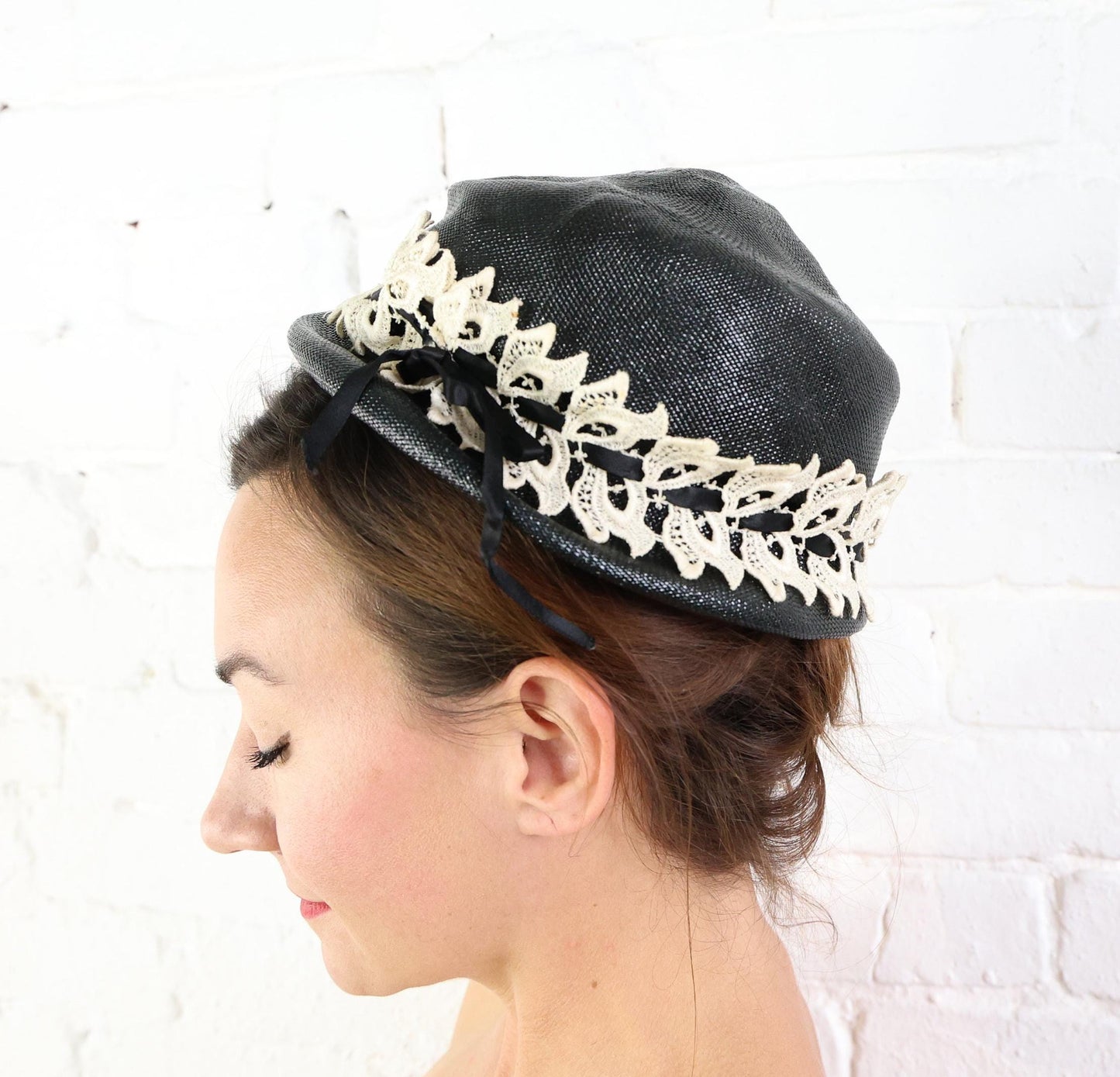 1950s Black & White Lace Straw Hat
