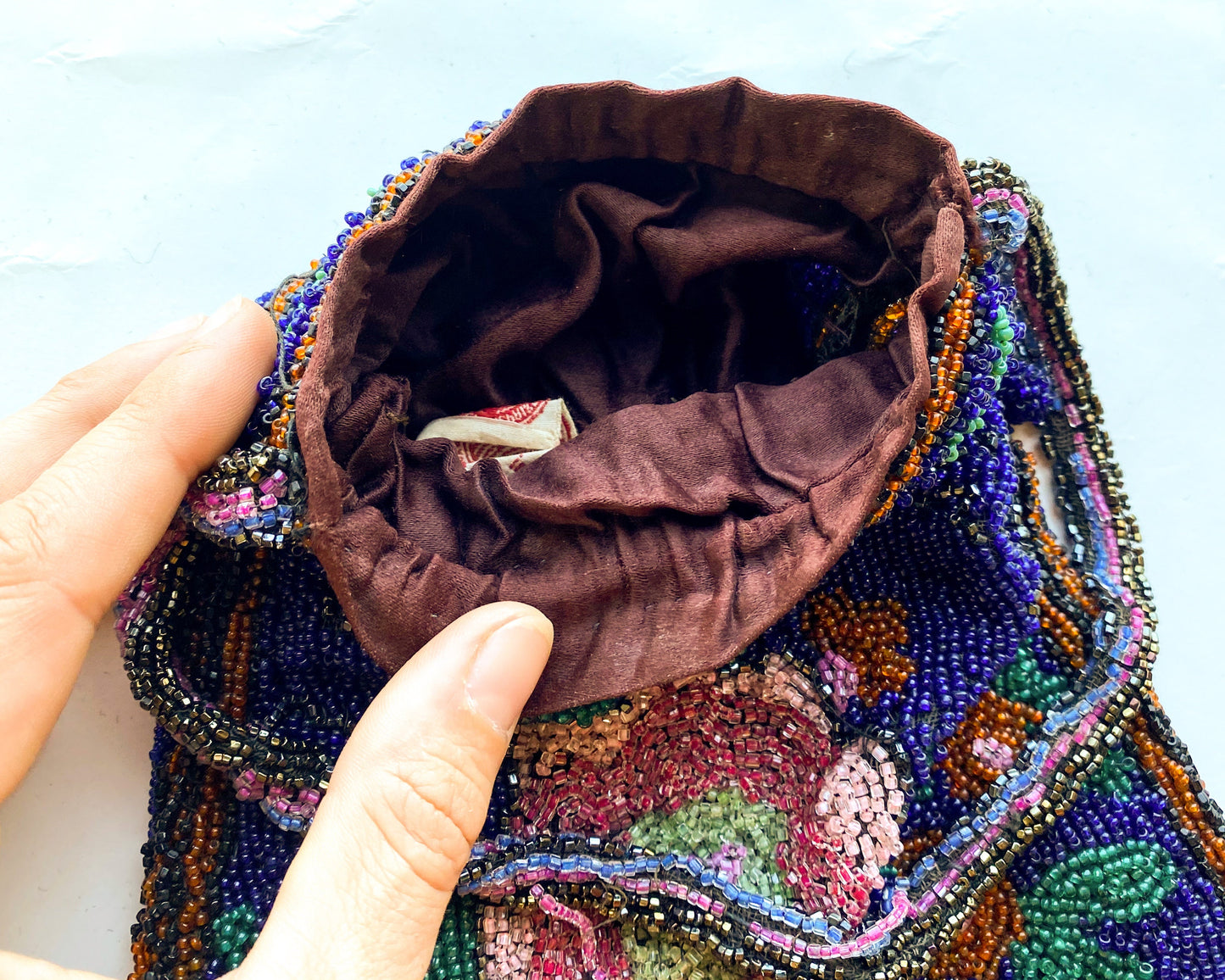 1900s Blue Floral Beaded Evening Bag | Blue & Pink Flower Beaded Handbag | Gustus Katz