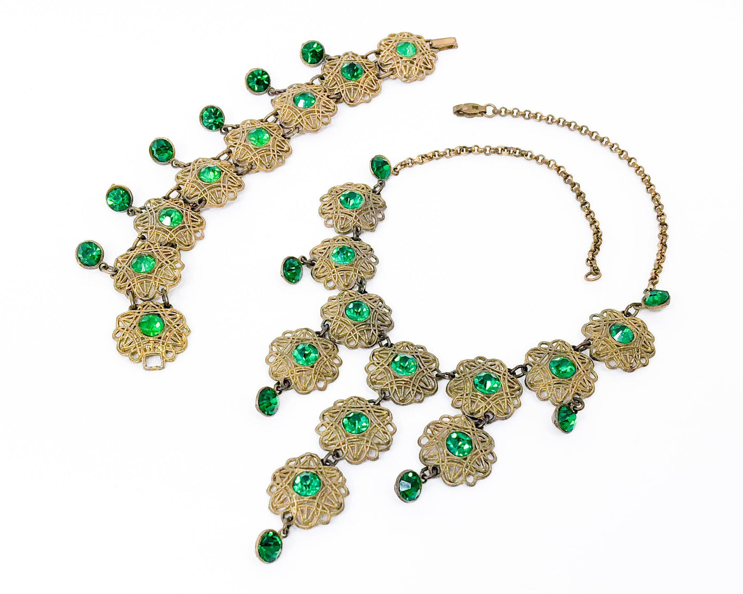 1940s Emerald Green Rhinestone Filigree Jewelry Set, Necklace & Bracelet Set