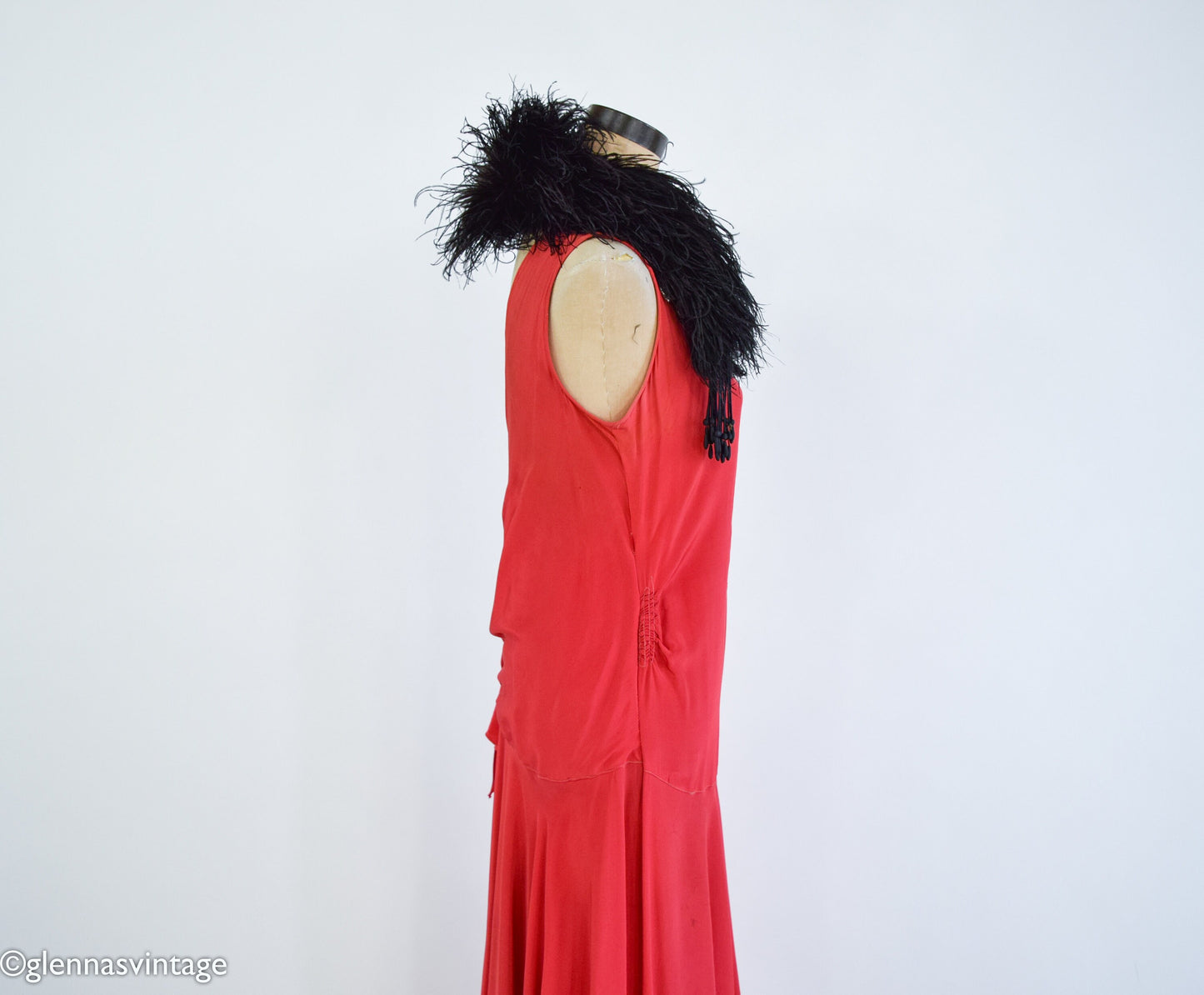 1900s Black Ostrich Feather Stole Boa with Beaded Tassels, Edwardian Era Scarf