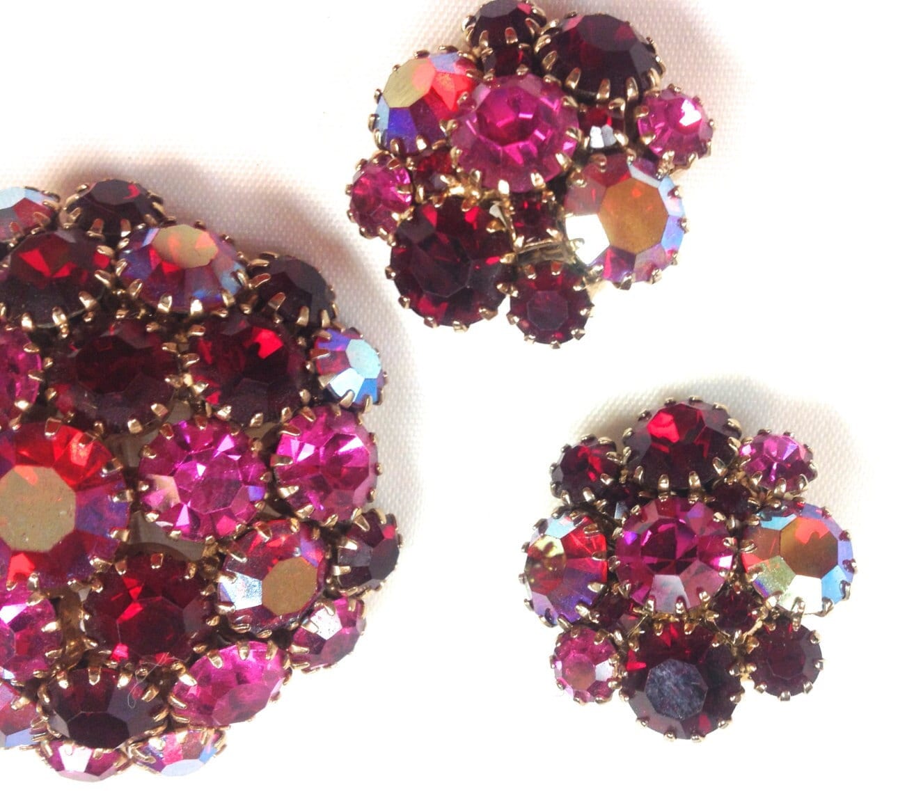 1950s Pink & Red Rhinestone Brooch Set | 50s Pink Red Rhinestone Pin Earring Set
