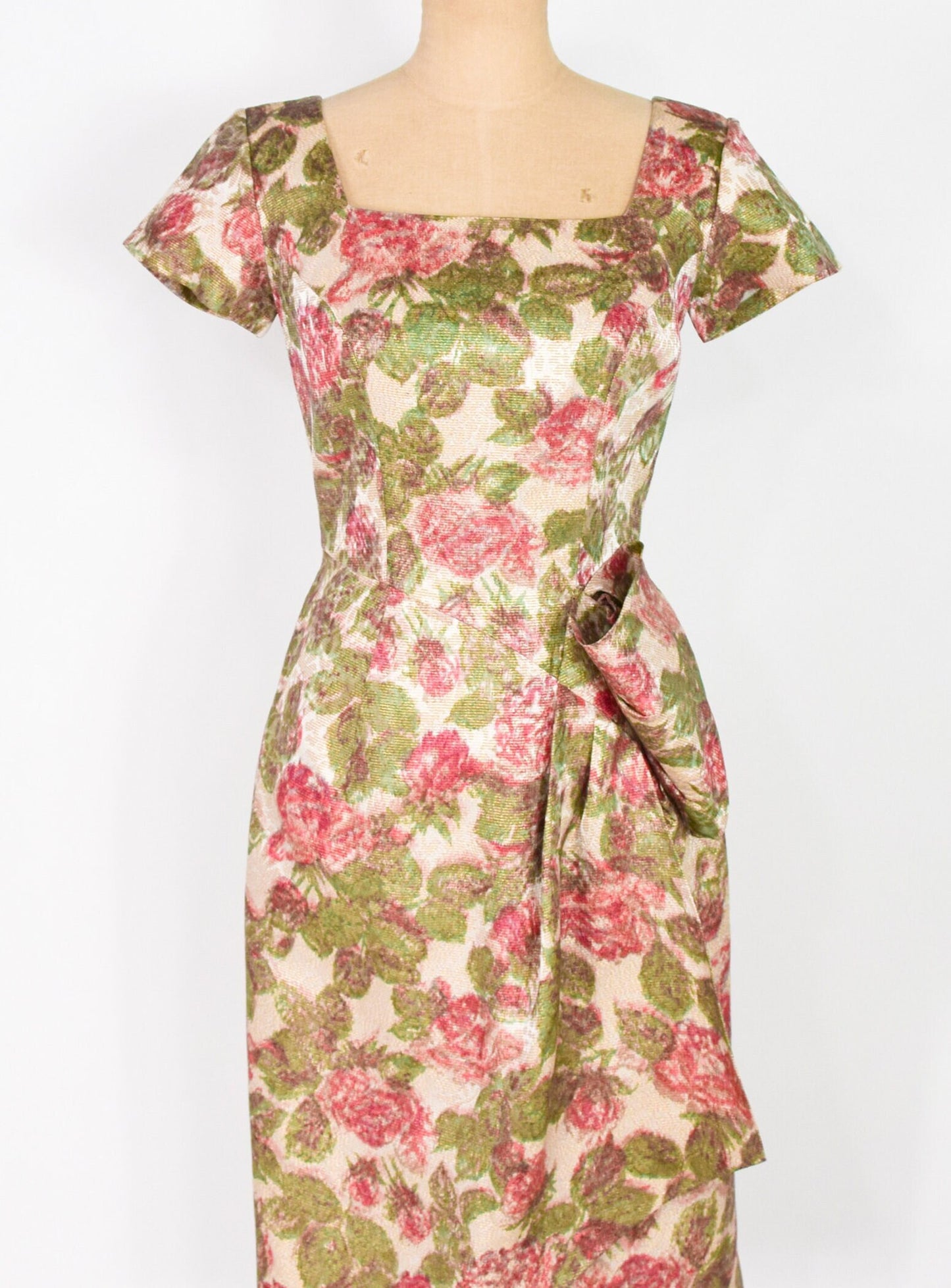 1950s Pink Green Floral Rose Print Party Dress in Brocade, Du Barry Fashion, Small