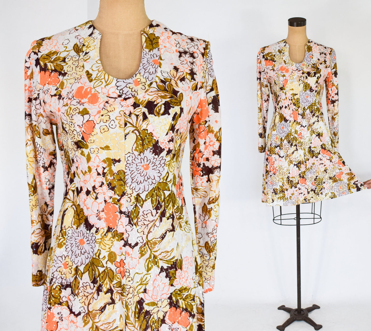 1960s Orange Floral Mini Dress | 60s Metallic Floral Mini Dress | Sandy Lane | Medium