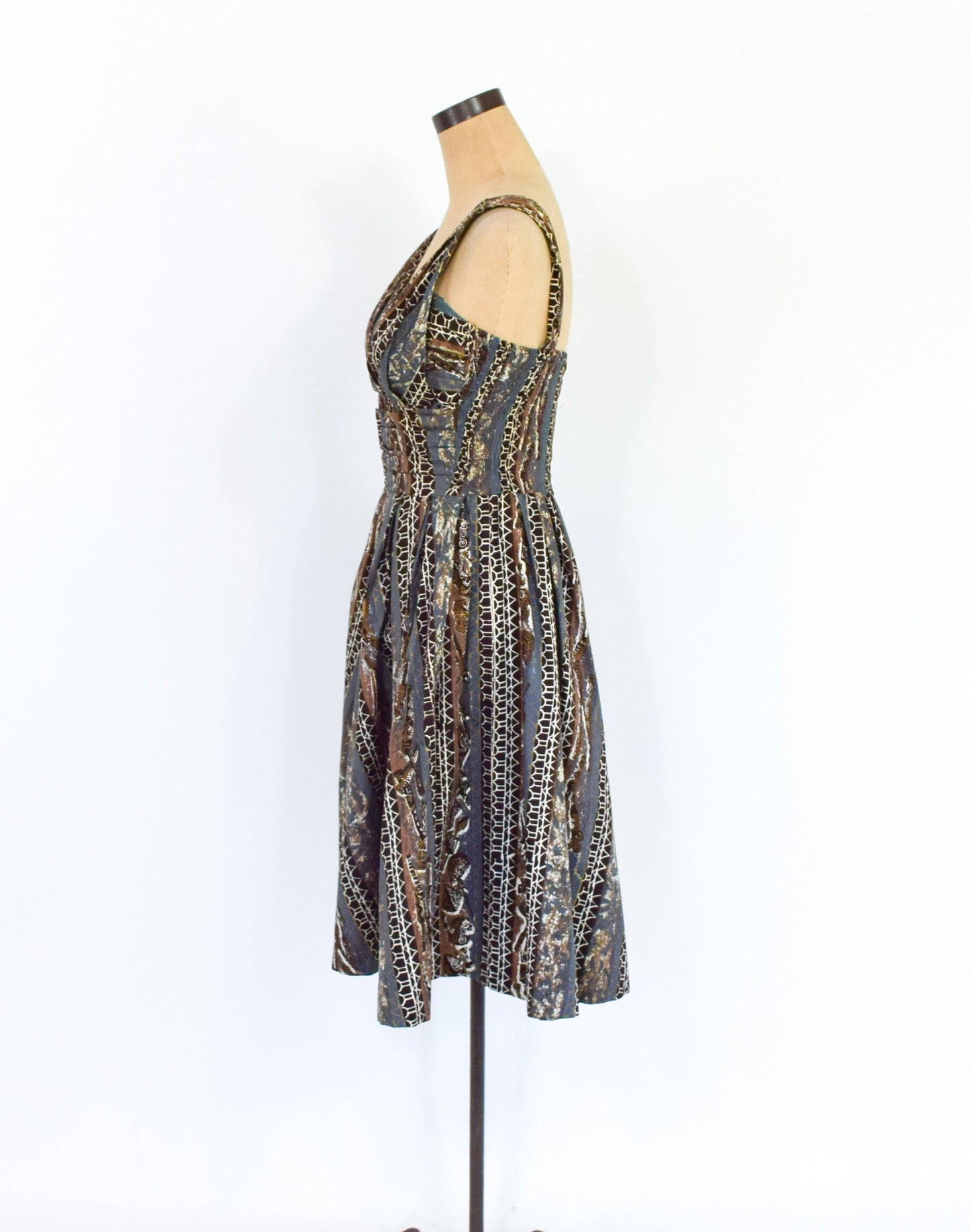 1950s Brown & Grey Hawaiian Tiki Dress, Extra Small