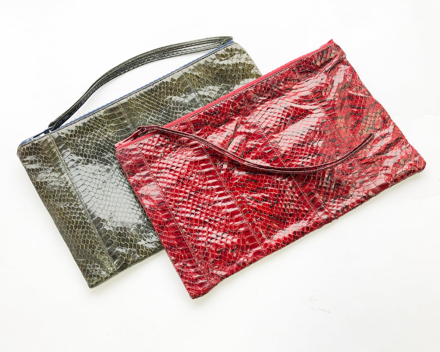 1980s Red Snakeskin Clutch | 1980s Olive Green Snakeskin Clutch