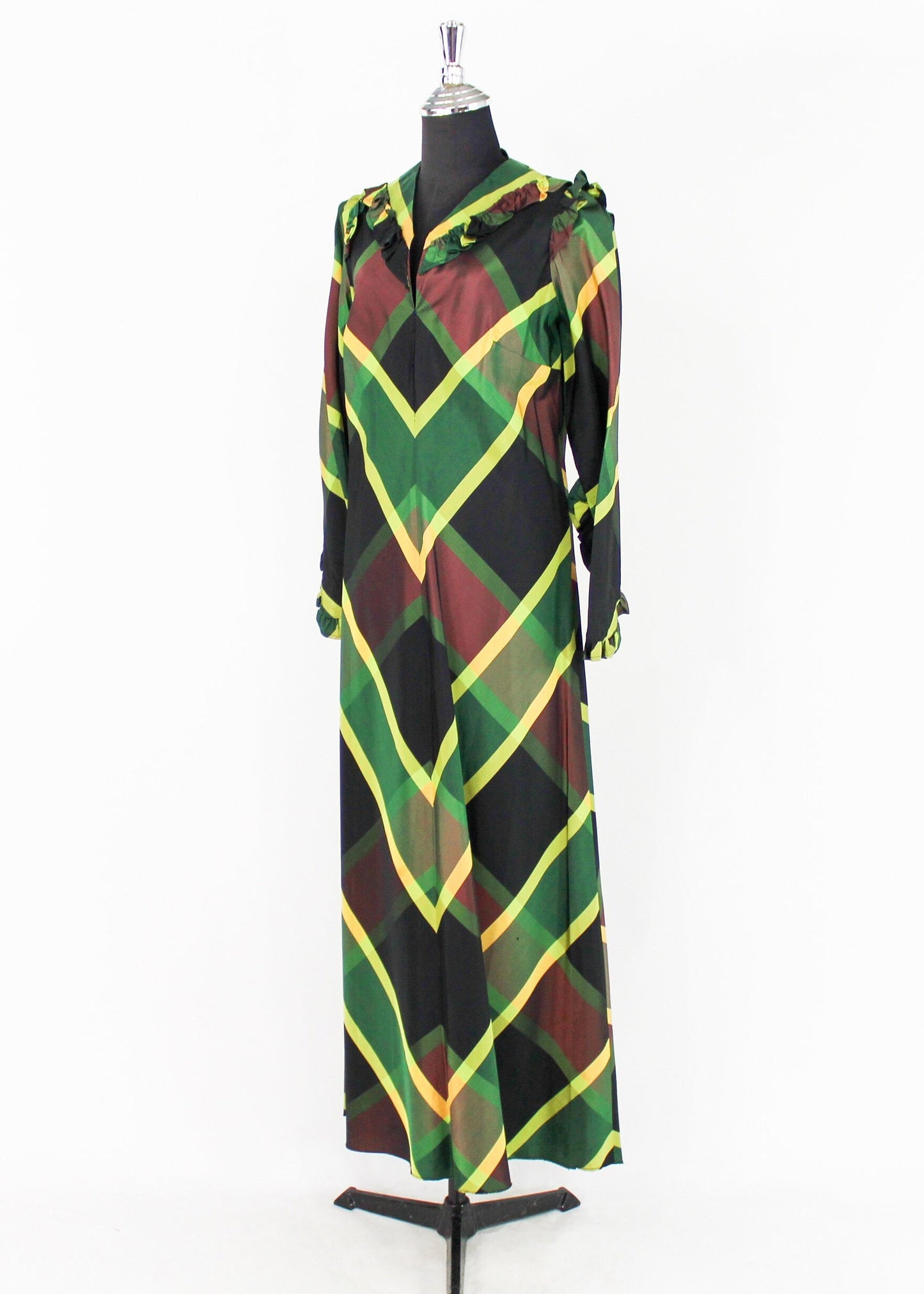 1940s Green Plaid Hostess Dress | 40s Green Chevron Striped Taffeta Dress |  Medium