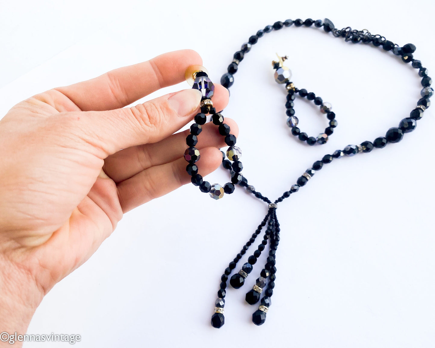 1980s Black Crystal Bead Necklace Set | 80s Black Glass Bead Pendant Earring Set | Black Pendant & Matching Pierced Loop Earrings