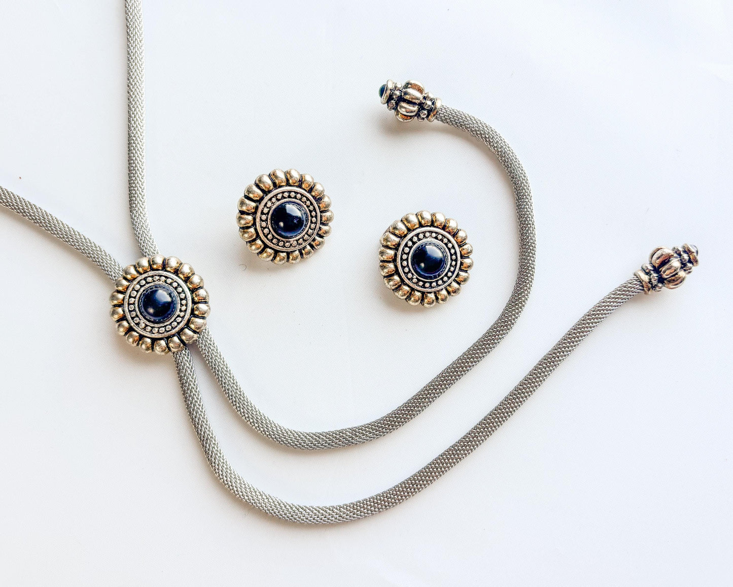 1980s Silver Bolo Tie Necklace & Earring | Silver Necklace Set