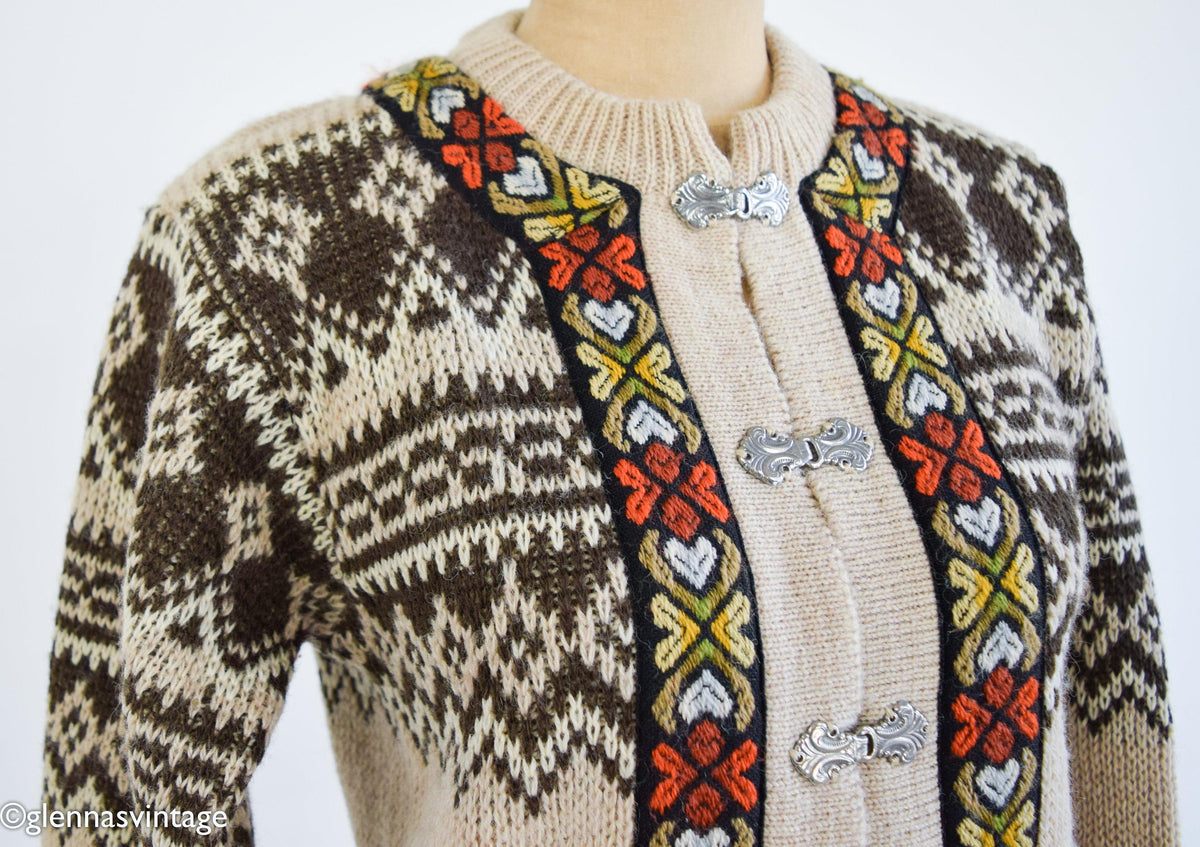 1950s Nordic Brown Pattern Virgin Wool Cardigan, Medium