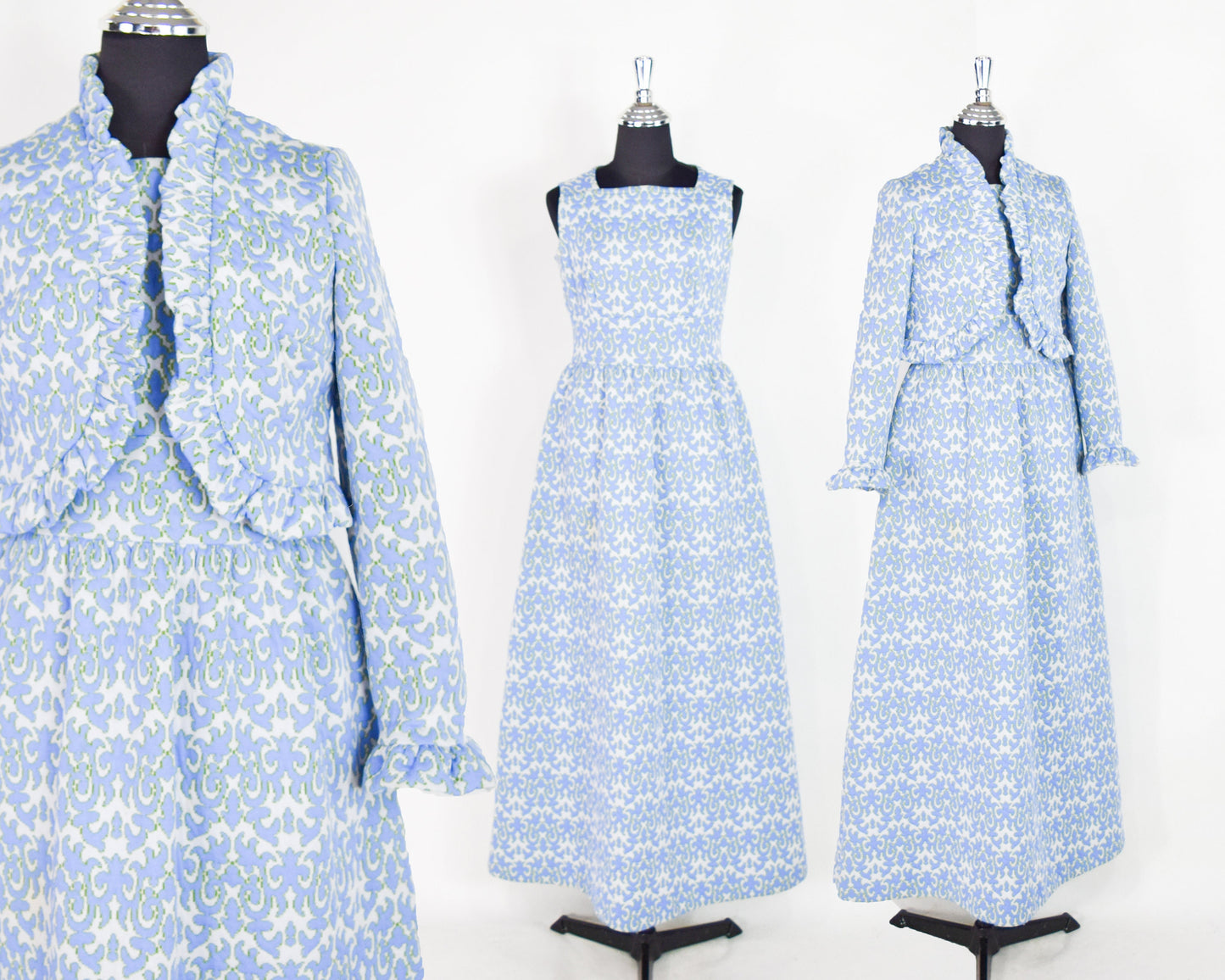 1970s Blue Floral Maxi Dress & Jacket | 70s Sky Blue Maxi Dress Set |  BELFRY | Medium