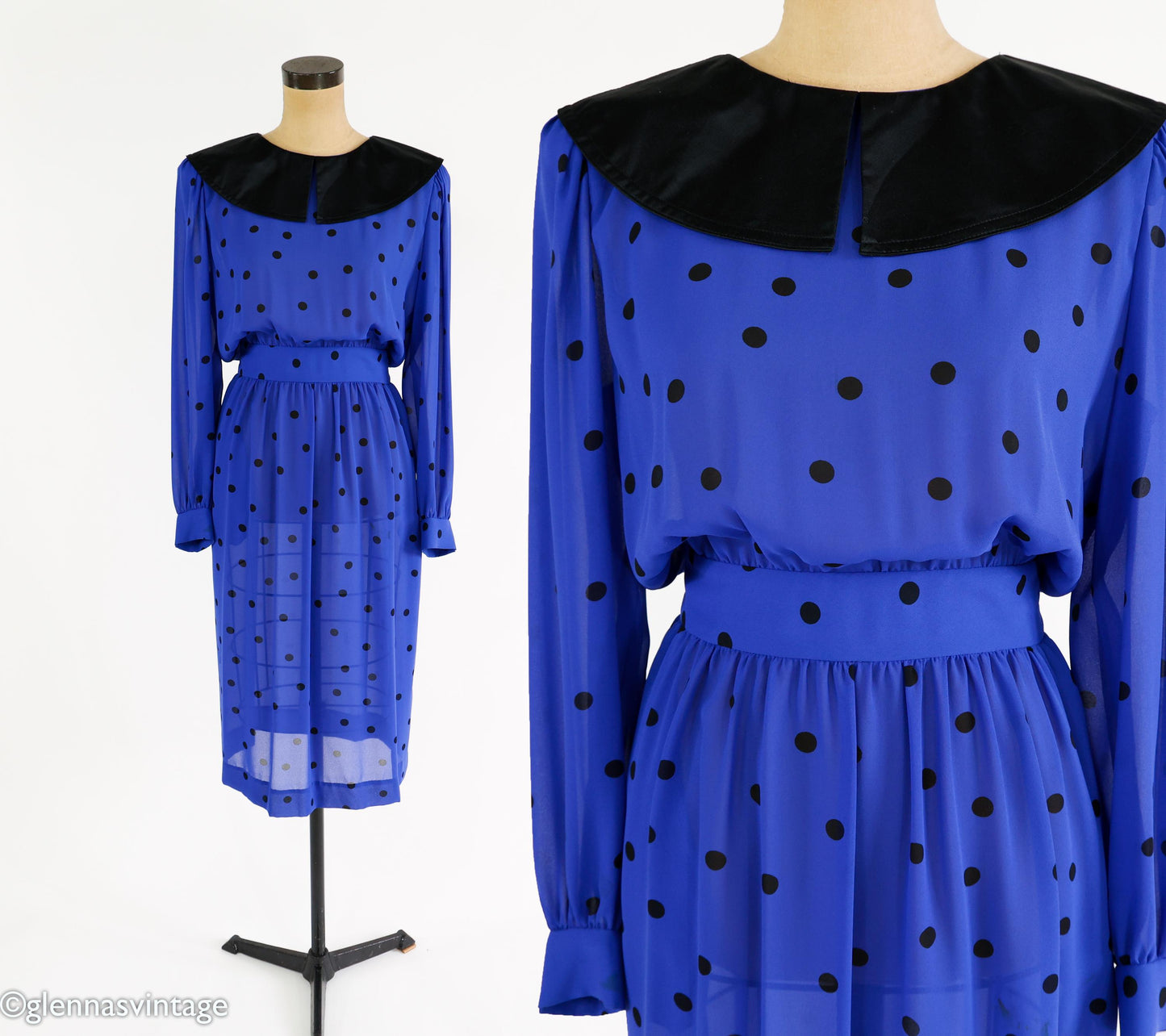 1980s Albert Nipon Blue Polka Dot Chiffon Dress, Small