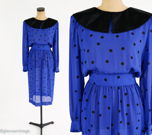 1980s Albert Nipon Blue Polka Dot Chiffon Dress, Small