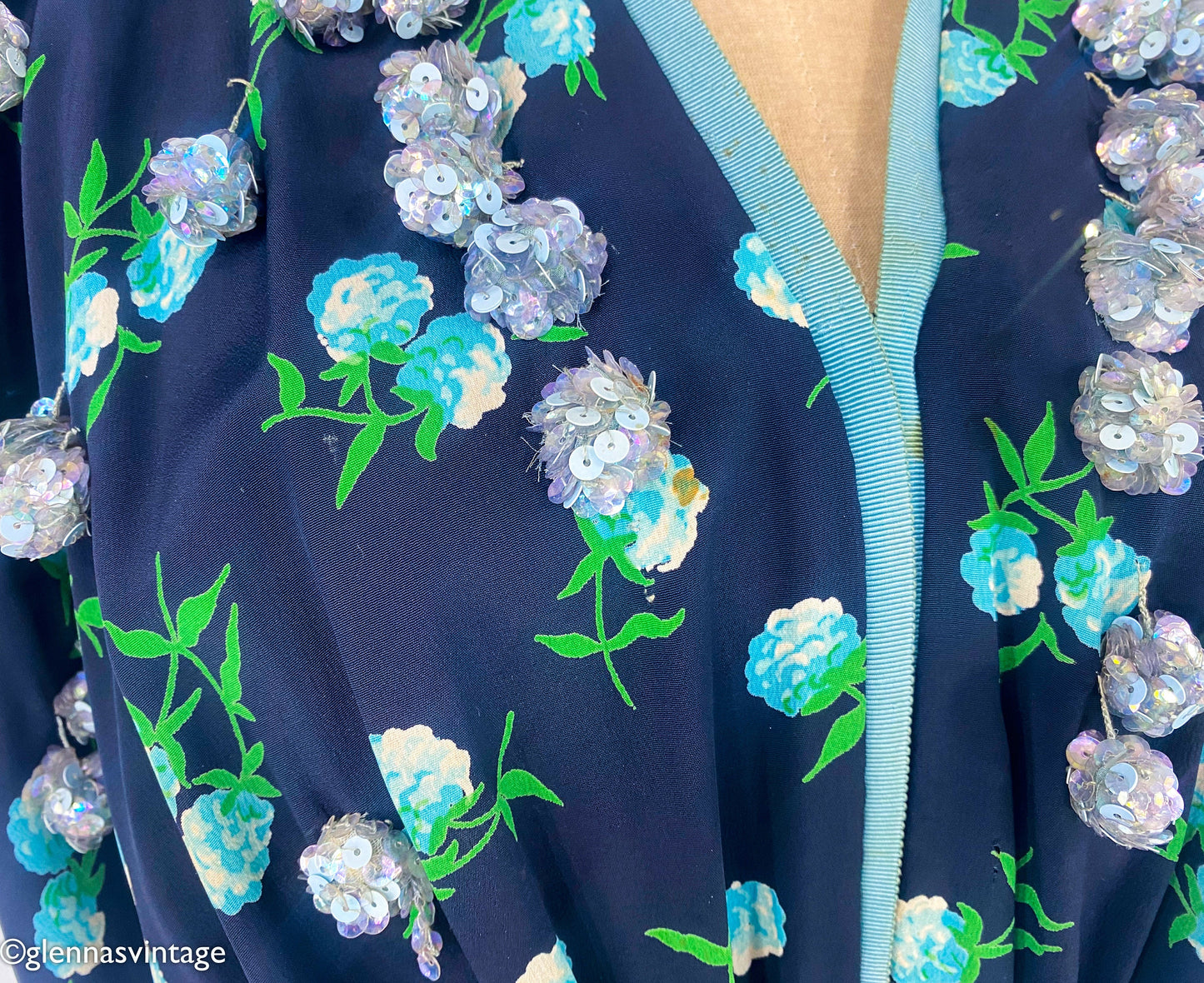 1940s Navy Blue Floral Sequin Dress, Large