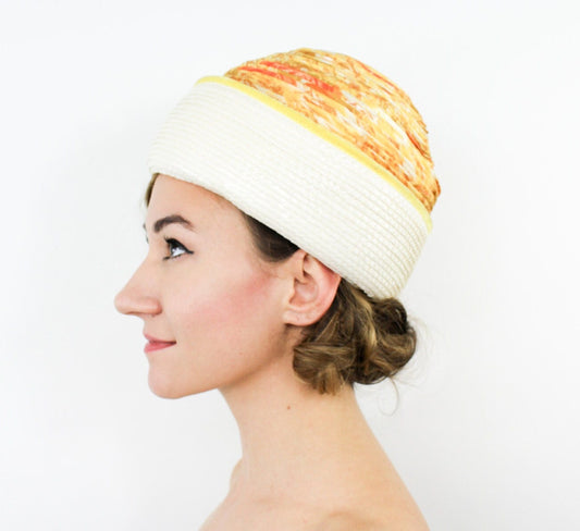 1960s Orange & White Silk Turban Hat