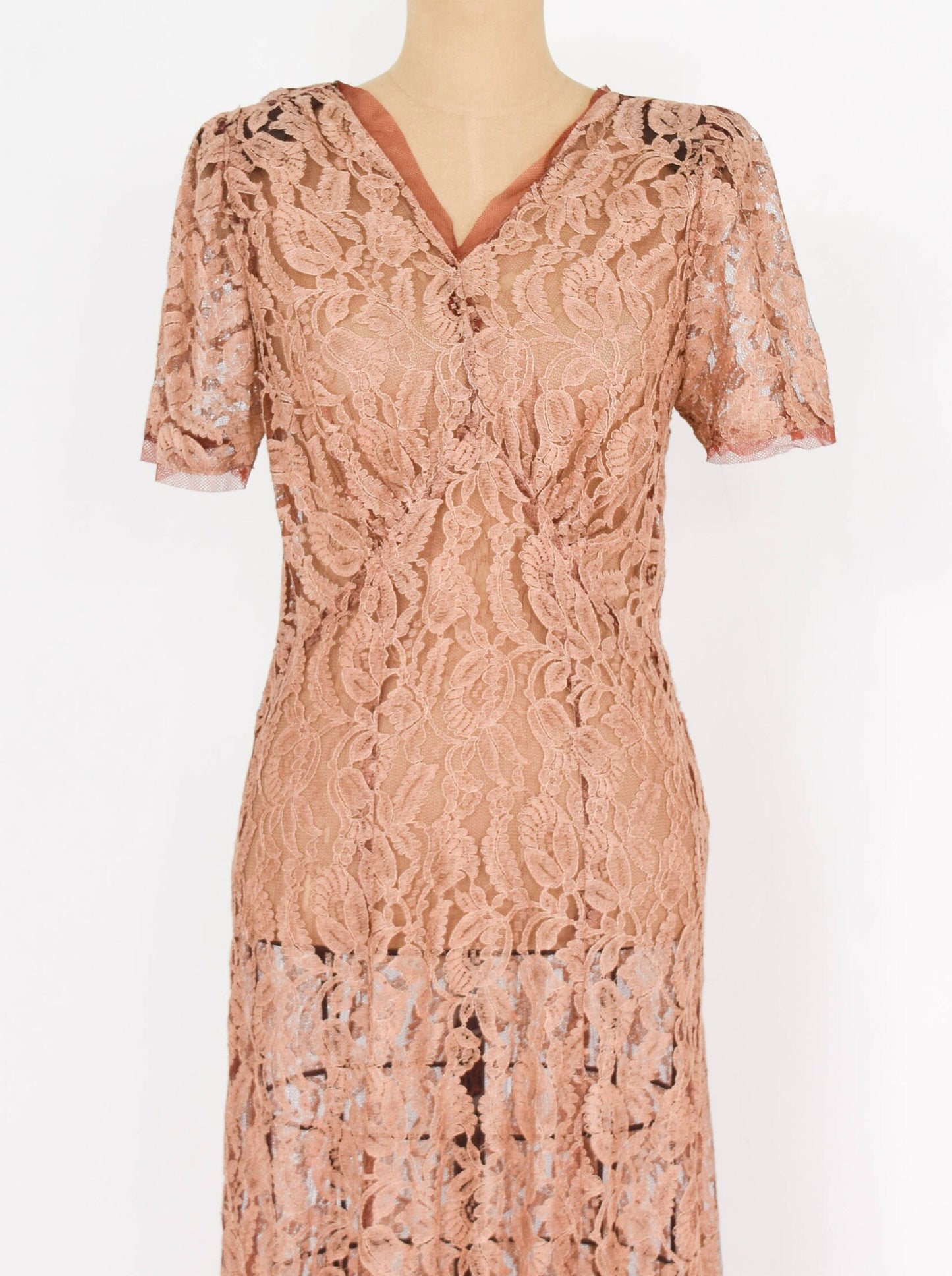 1930s Peach Floral Lace Dress, Evening Gown (Study Piece), Medium