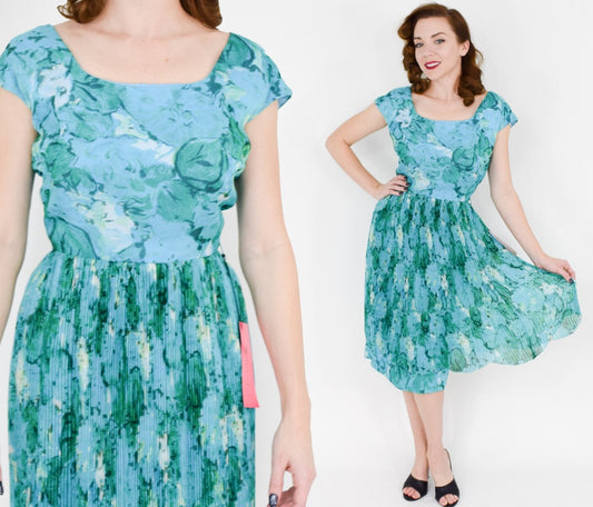 1950s Turquoise Blue Silk Dress, Medium