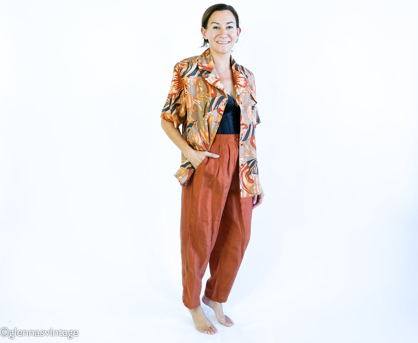 1980s Brown Silk Top Pants Set | 80s Brown Floral Blouse & Slacks | La Chine | Medium